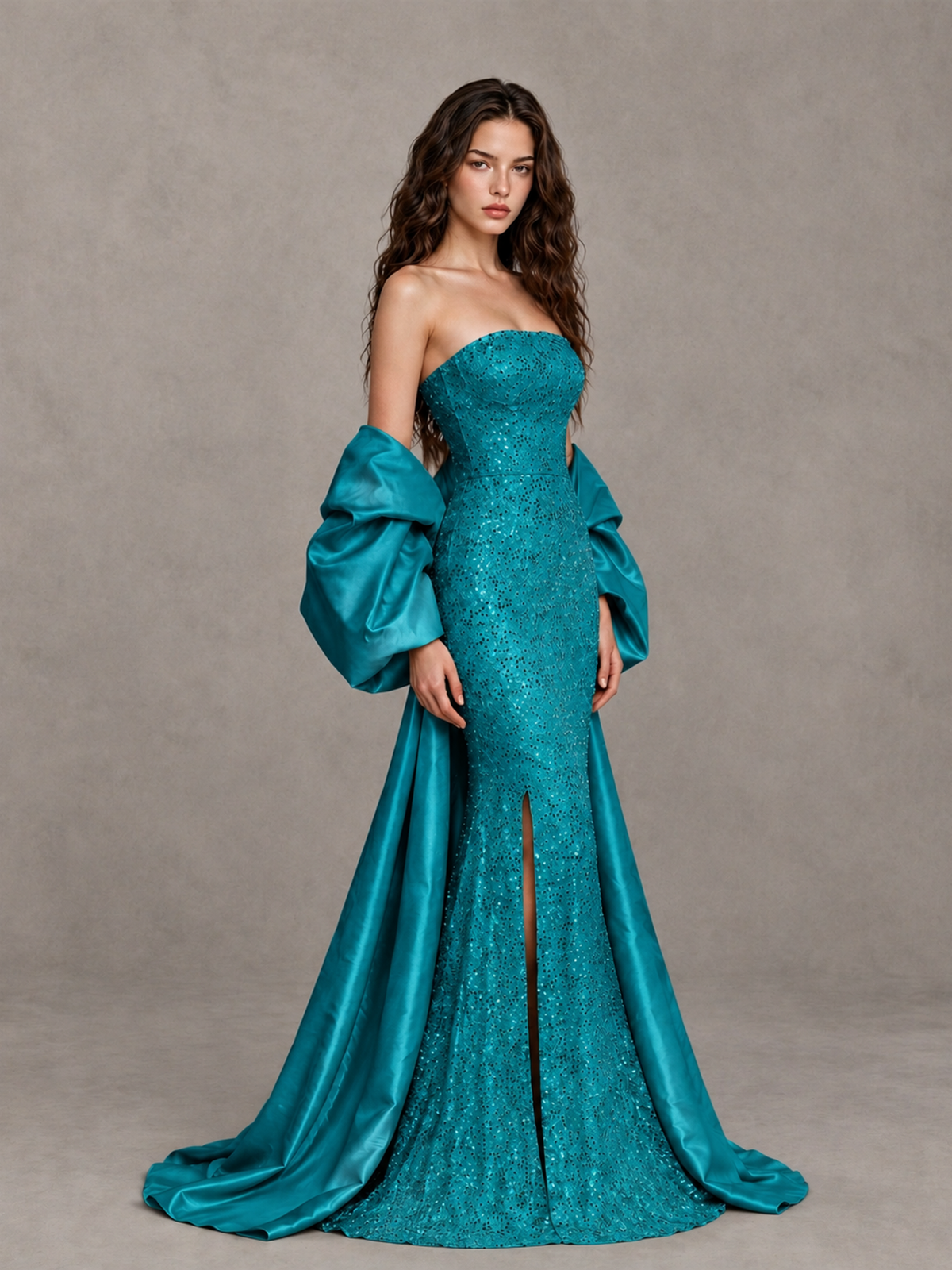BOLODOO Peacock Strapless Sparkle Mermaid Prom Dress with Front Slit and Draped Sleeves - Peacock - Peacock_3