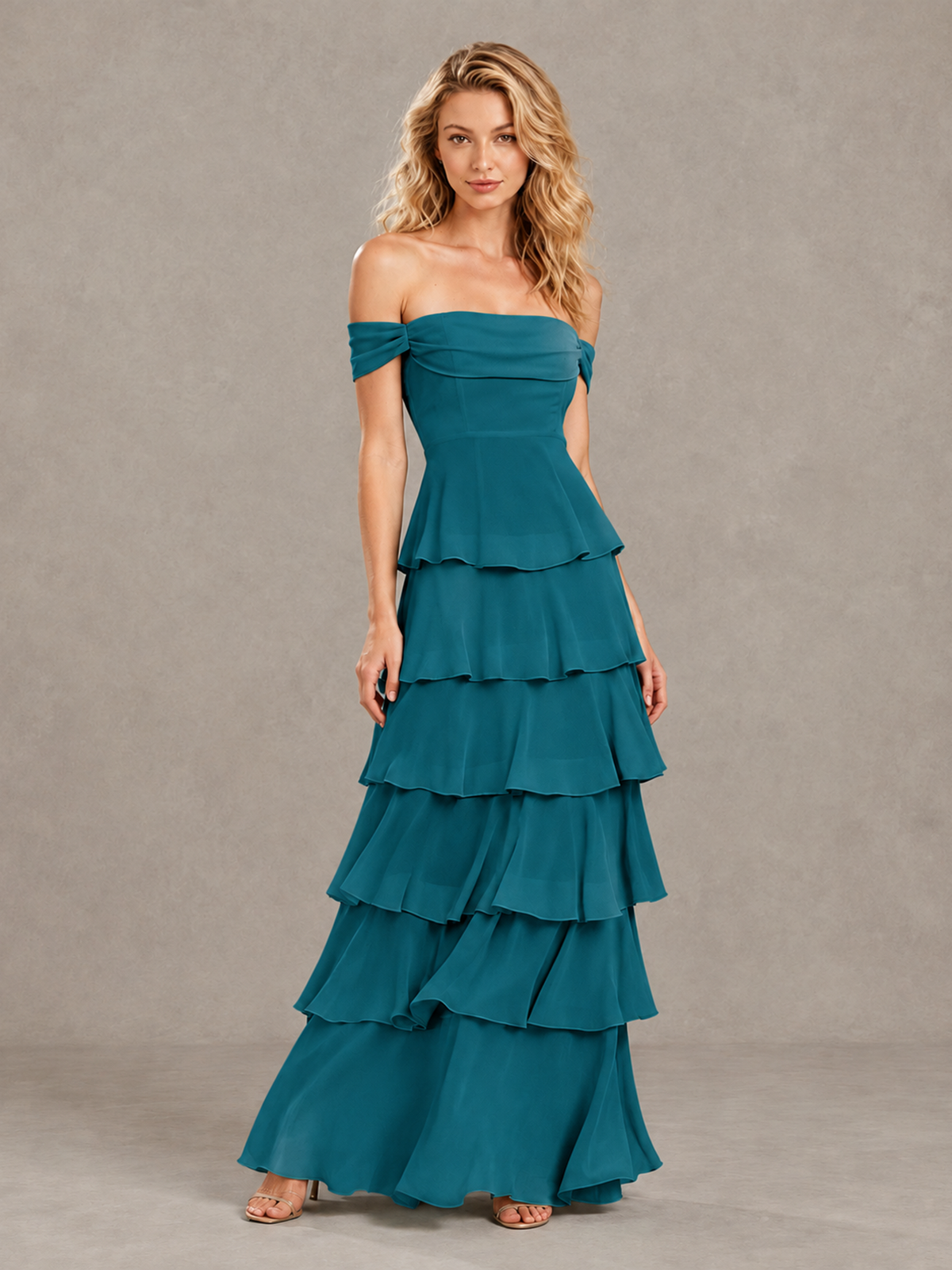 BOLODOO Peacock Off-Shoulder Tiered Ruffle Bridesmaid Dress with Lace-Up Back - Peacock - Peacock_3
