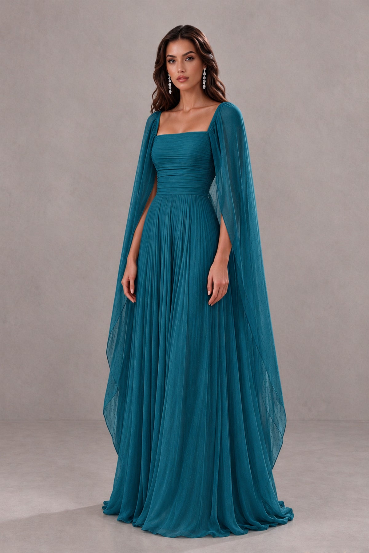 BOLODOO Peacock Square Neck Cape Sleeve A-Line Evening Dress - Peacock - Peacock_3