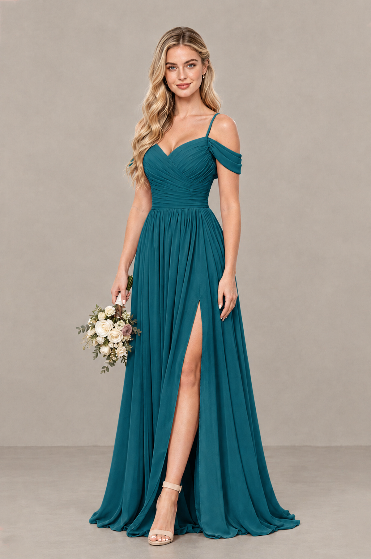 BOLODOO Peacock Off-Shoulder Bridesmaid Dress with Slit - Peacock
