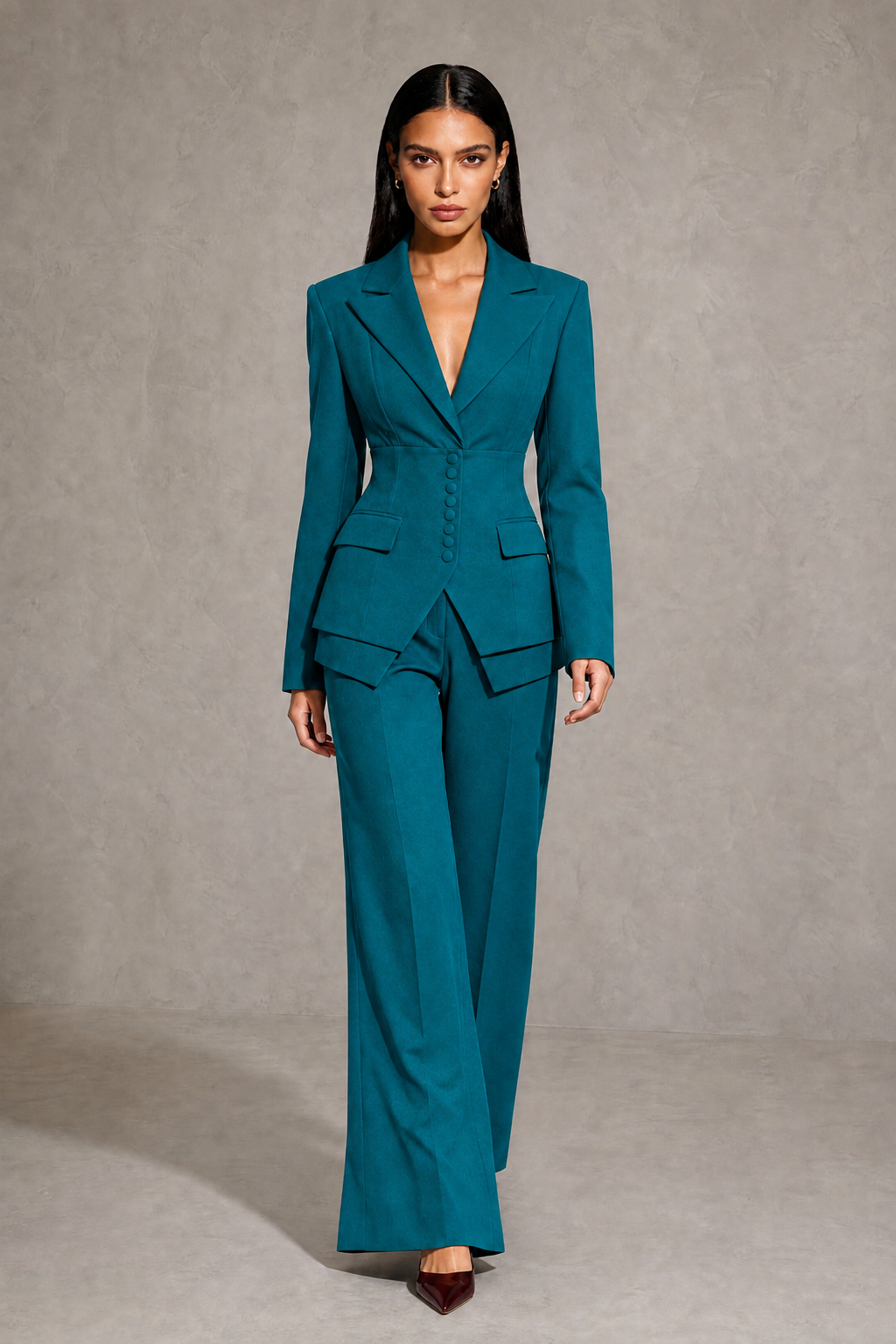BOLODOO Peacock Cinched Waist Blazer and Wide Leg Pants Two Piece Suit Set - Peacock