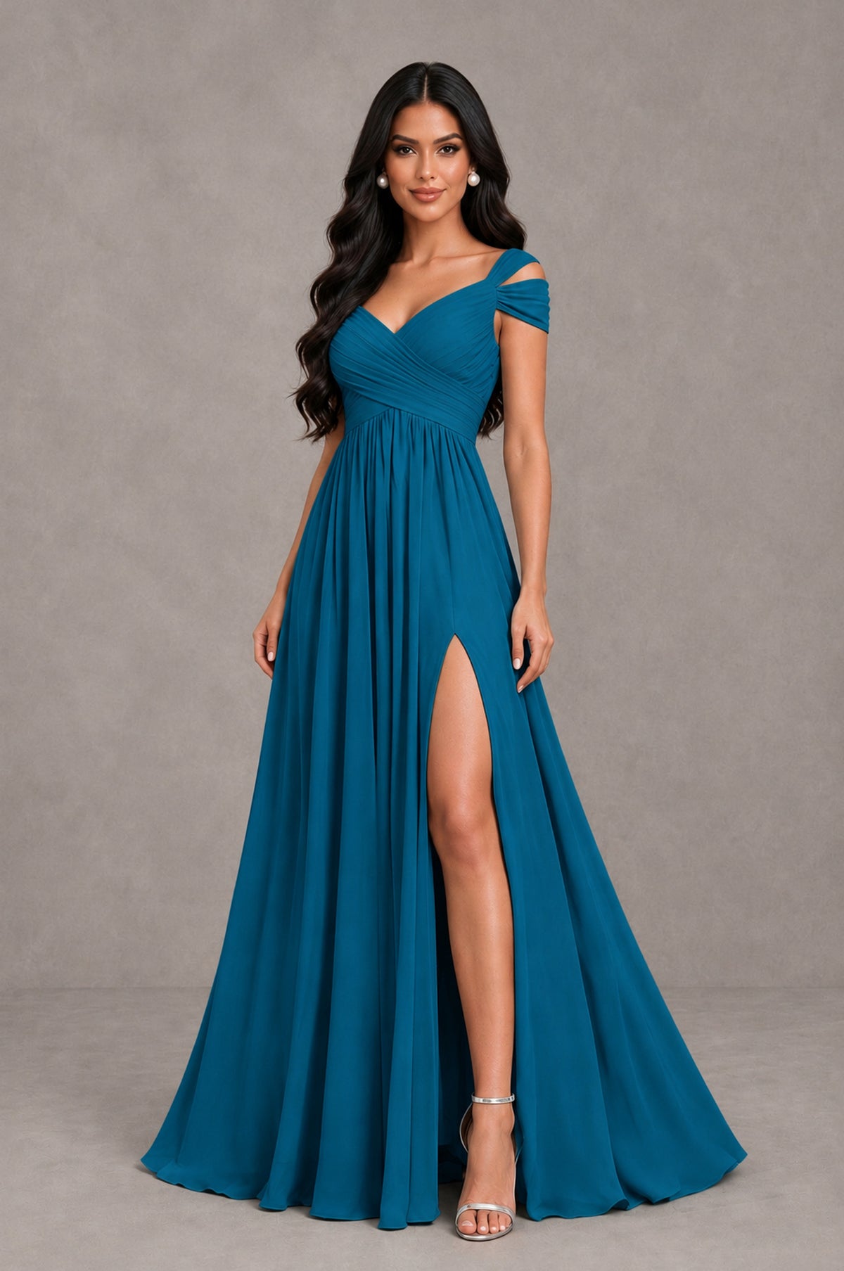 BOLODOO Peacock Cold Shoulder Chiffon Evening Dress with V Neck and High Slit - Peacock - Peacock_3