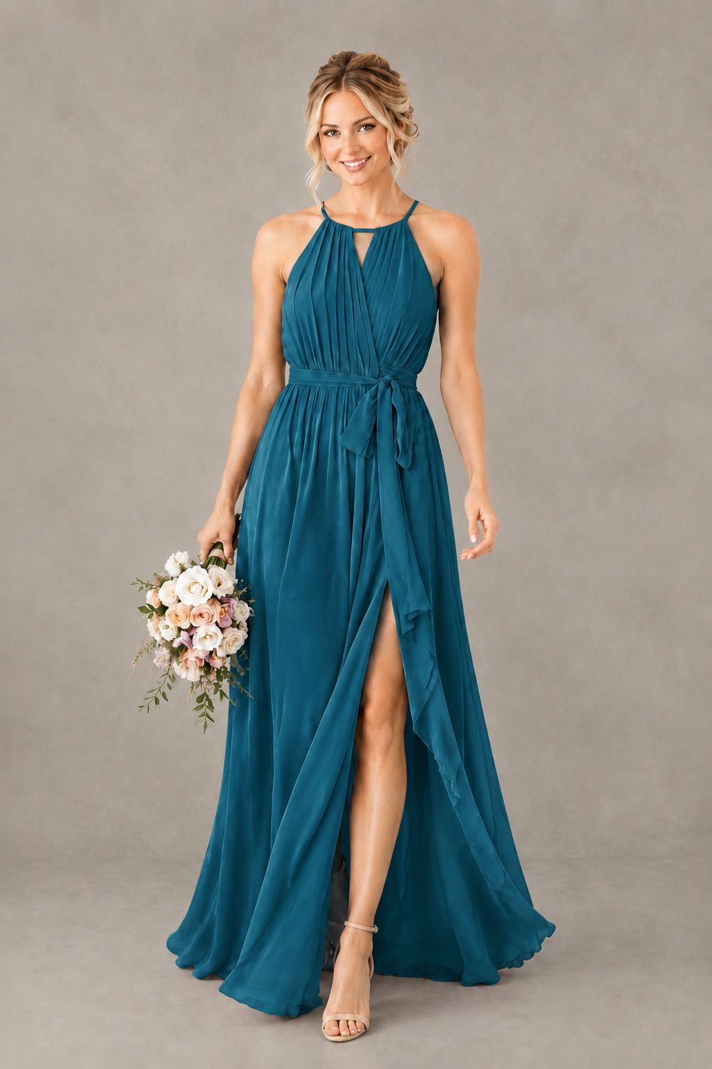BOLODOO Peacock Halter Chiffon Bridesmaid Dress with High Slit - Peacock