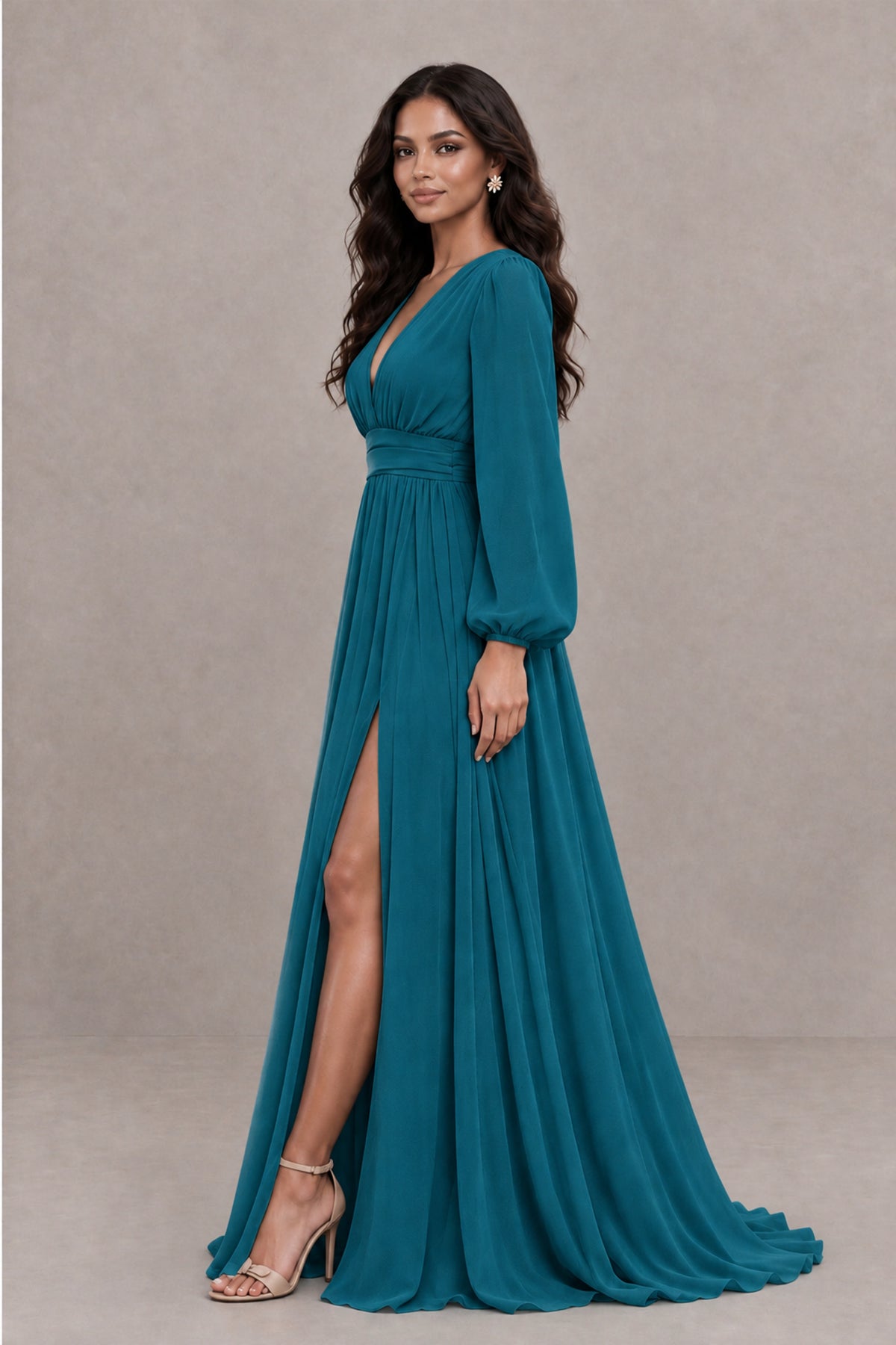 BOLODOO Peacock Long Sleeve V-Neck A-Line Gown with Open Back & Slit - Peacock - Peacock_3