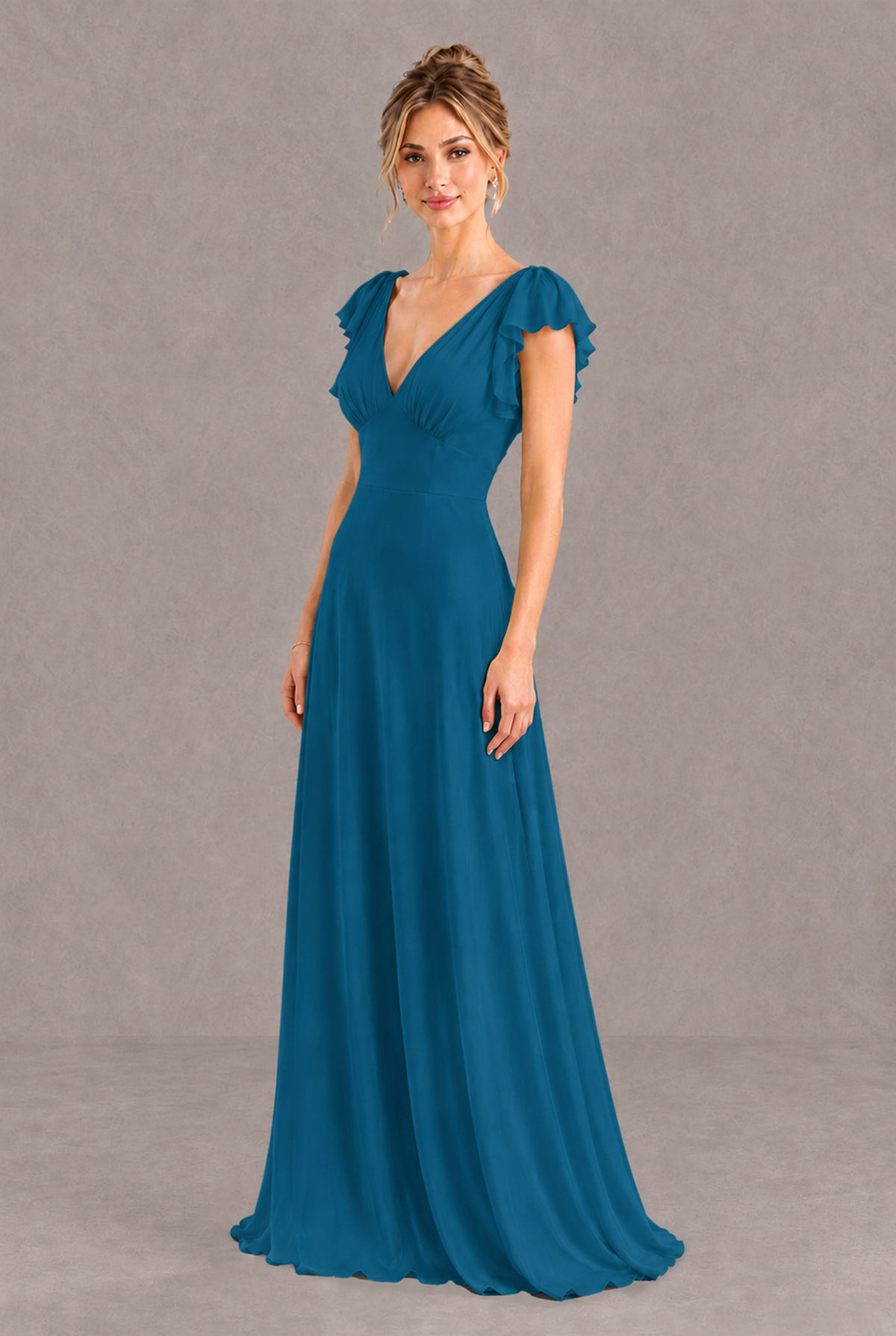 BOLODOO Peacock V-Neck Flutter Sleeve A-Line Bridesmaid Dress - Peacock - Peacock_3