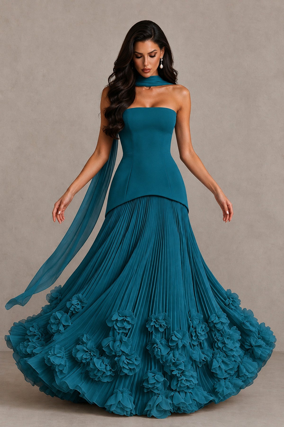 BOLODOO Peacock Strapless Pleated Floral Hem Evening Gown - Peacock - Peacock_3