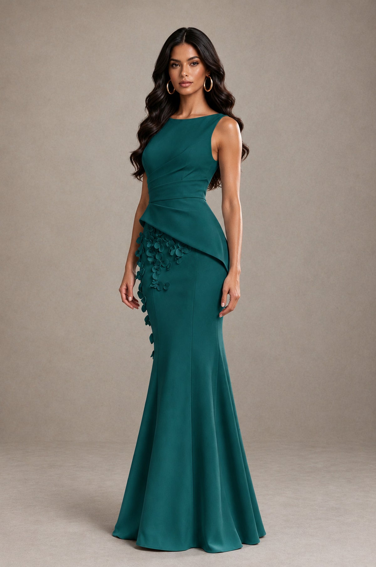 BOLODOO Peacock Bateau Neck Sleeveless Asymmetric Peplum 3D Petal Appliqué Mermaid Gown BD0421 - Peacock - Peacock_3
