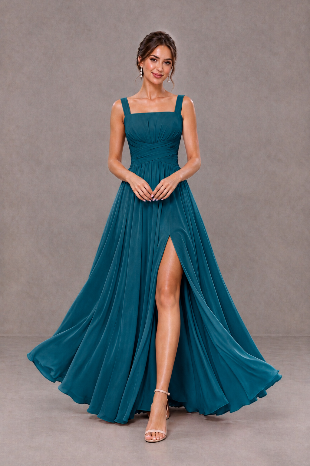BOLODOO Peacock Square Neck A-Line Bridesmaid Dress with Slit - Peacock - Peacock_3