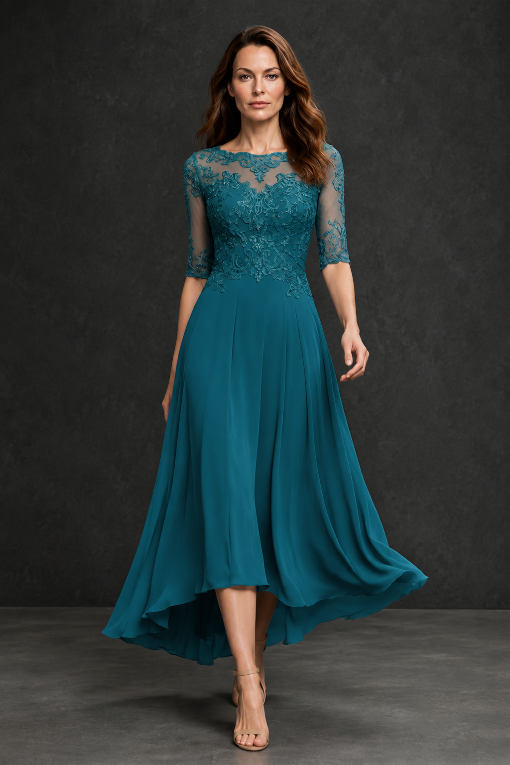 BOLODOO Peacock Illusion Lace 3/4 Sleeve Hi-Lo Chiffon A-Line Dress | Mother of the Bride Tea Length Dress - Peacock