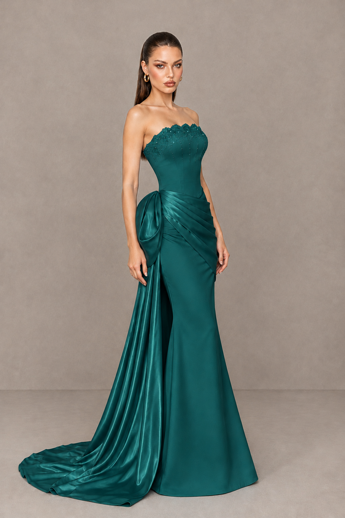 BOLODOO Peacock Strapless Satin Prom Dress with Draped Side Train - Peacock - Peacock_3