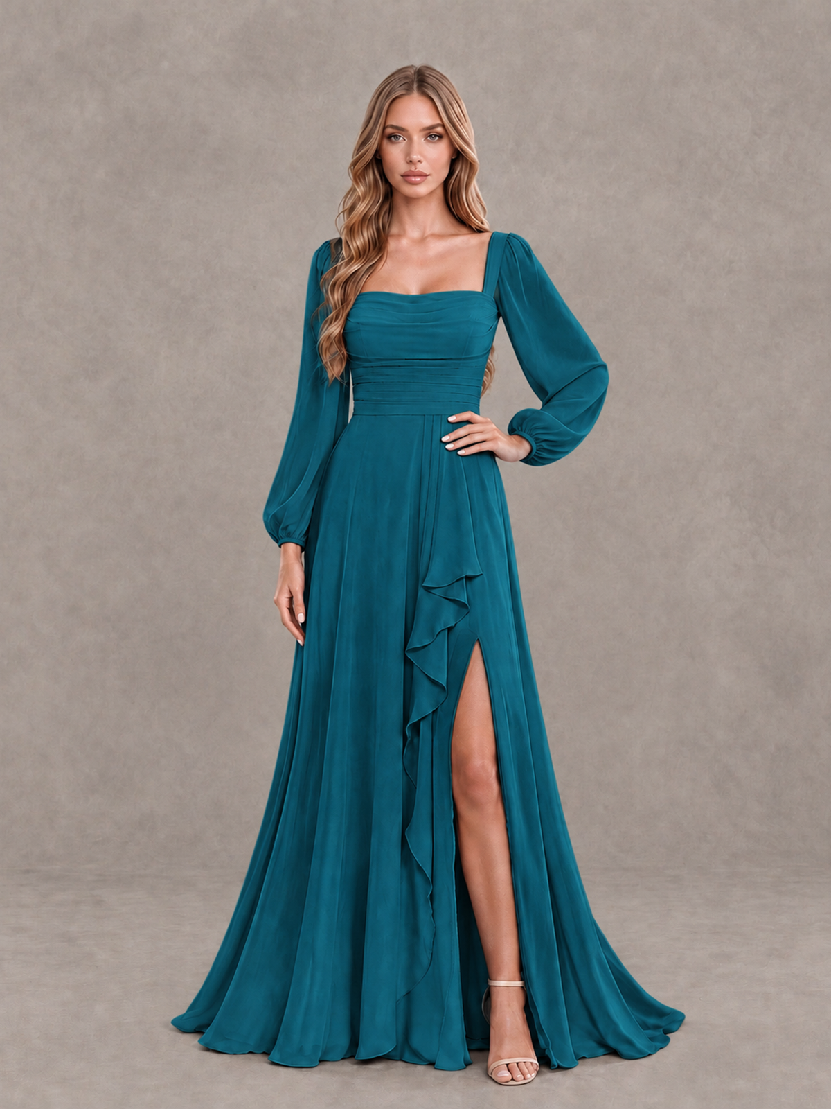 BOLODOO Peacock Square Neck Long Sleeve Bridesmaid Dress with Ruffle Slit - Peacock - Peacock_3