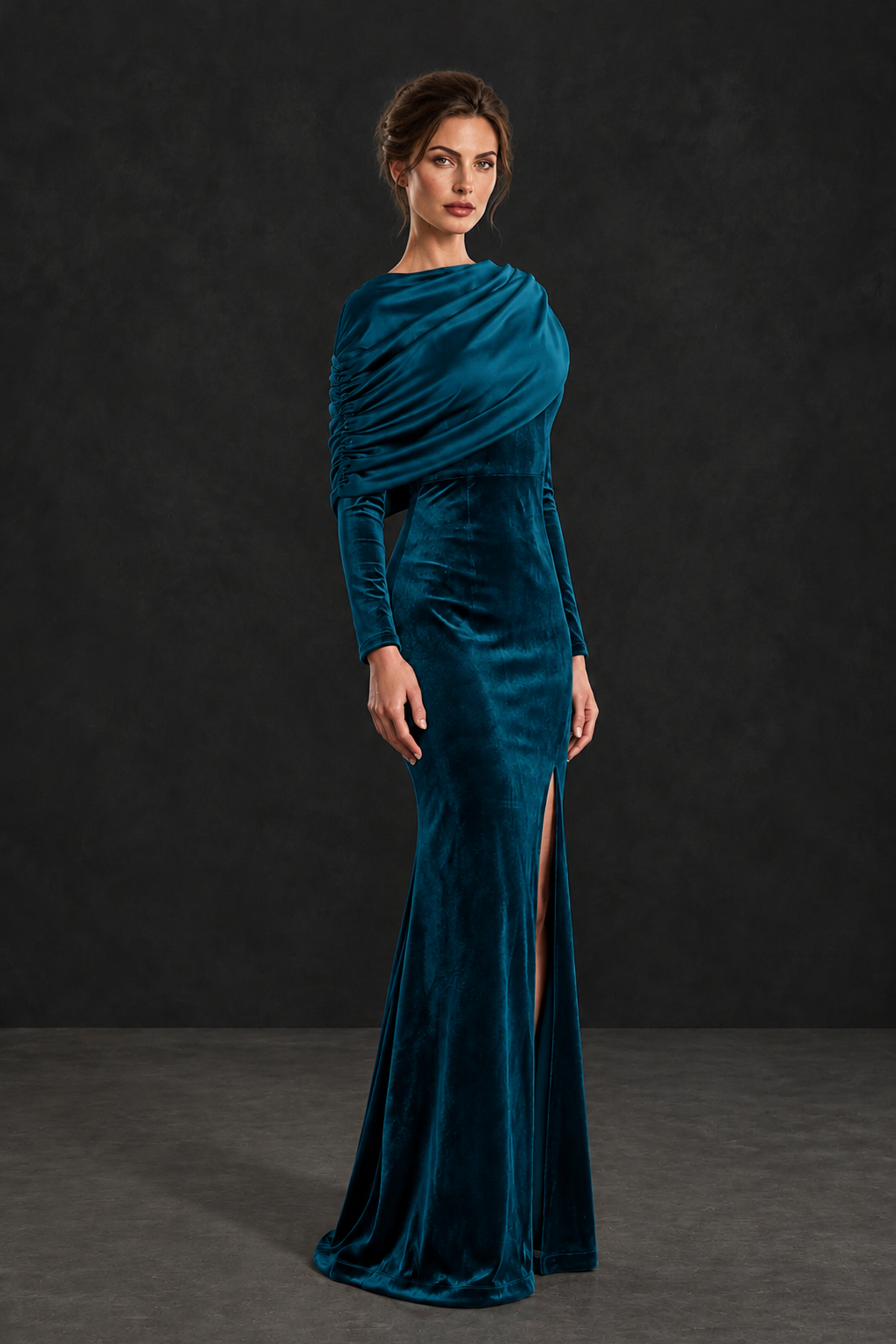 BOLODOO Peacock Velvet Long Sleeve Draped Mother of the Bride Dress - Peacock - Peacock_3