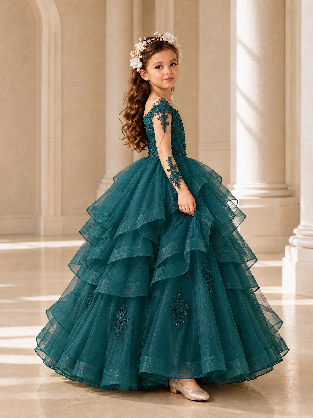 BOLODOO Peacock Lace Long Sleeve Tiered Flower Girl Dress - Peacock - Peacock_3
