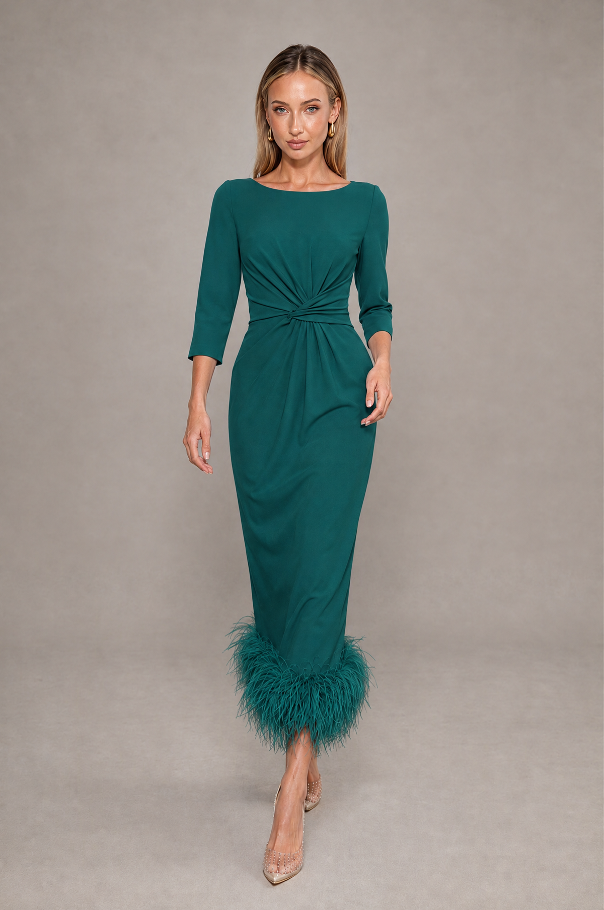 BOLODOO Peacock Feather-Trim Twist-Waist Midi Dress - Peacock - Peacock_3