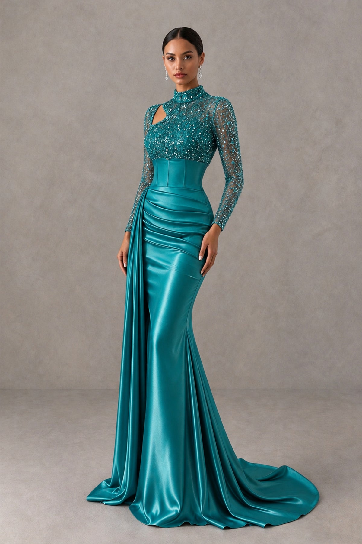 BOLODOO Peacock Long Sleeve Embellished Satin Mermaid Evening Gown - Peacock - Peacock_3