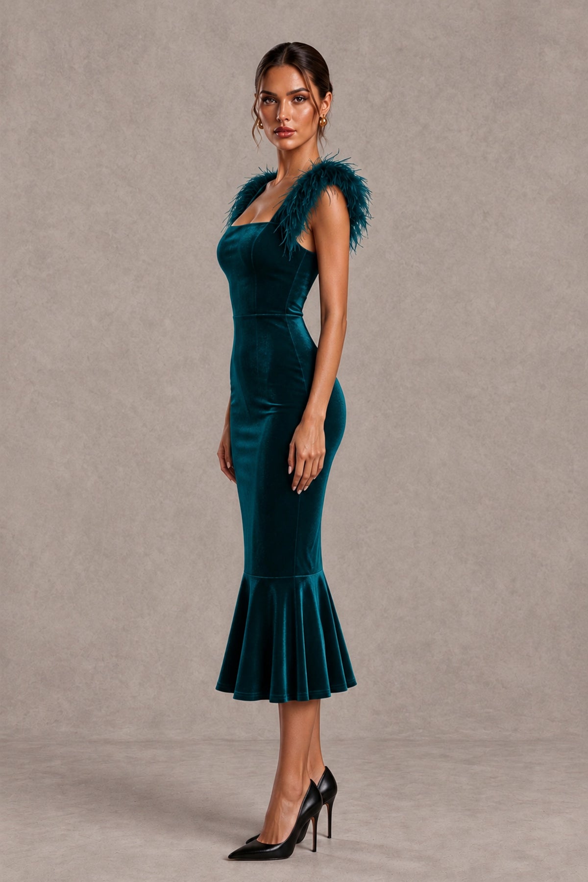BOLODOO Peacock Feather-Trim Velvet-Look Mermaid Midi Dress - Peacock - Peacock_3