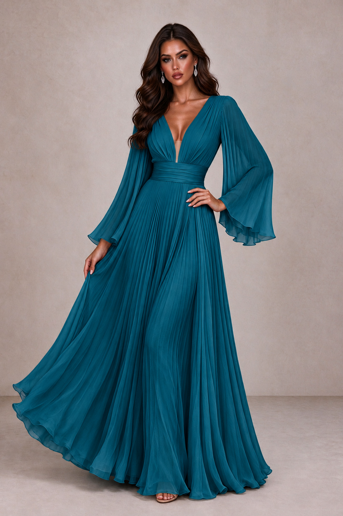 BOLODOO Peacock Pleated Deep V-Neck Long Bell Sleeve Evening Dress - Peacock - Peacock_3