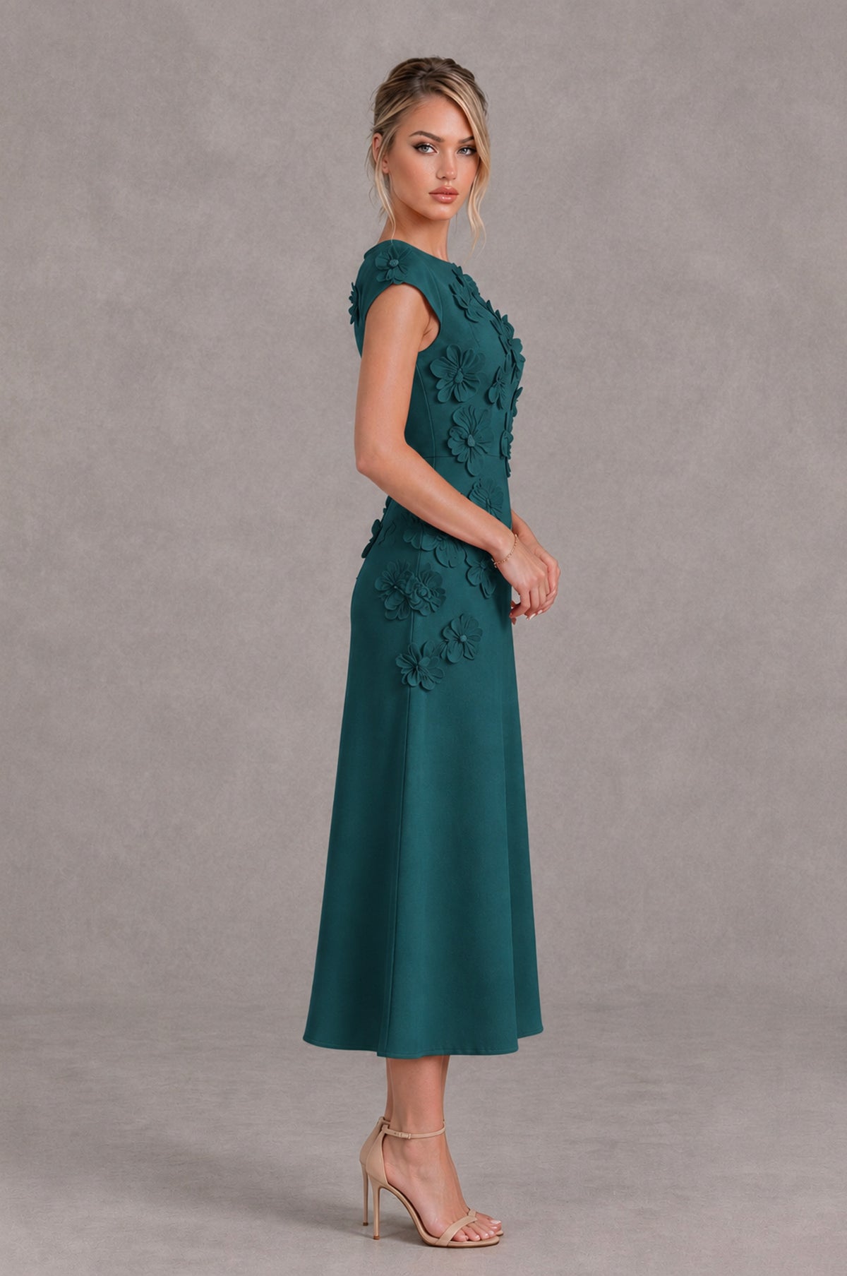 BOLODOO Peacock 3D Floral Cap Sleeve Midi Cocktail Dress - Peacock - Peacock_3