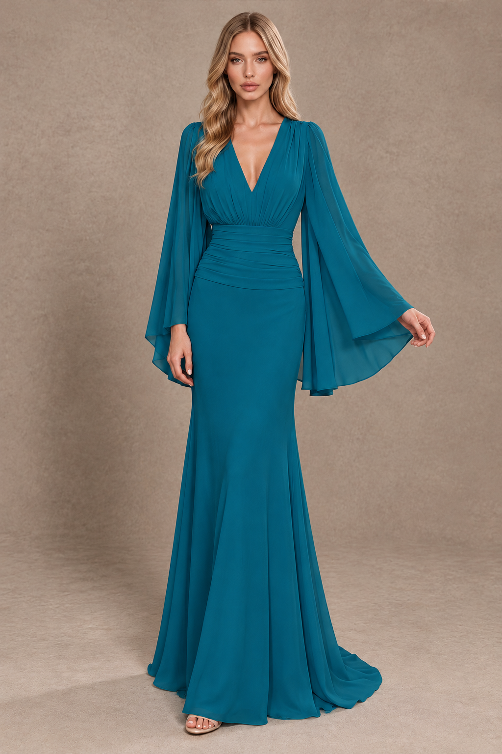 BOLODOO Peacock Cape Sleeve V-Neck Ruched Chiffon Evening Dress - Peacock - Peacock_3