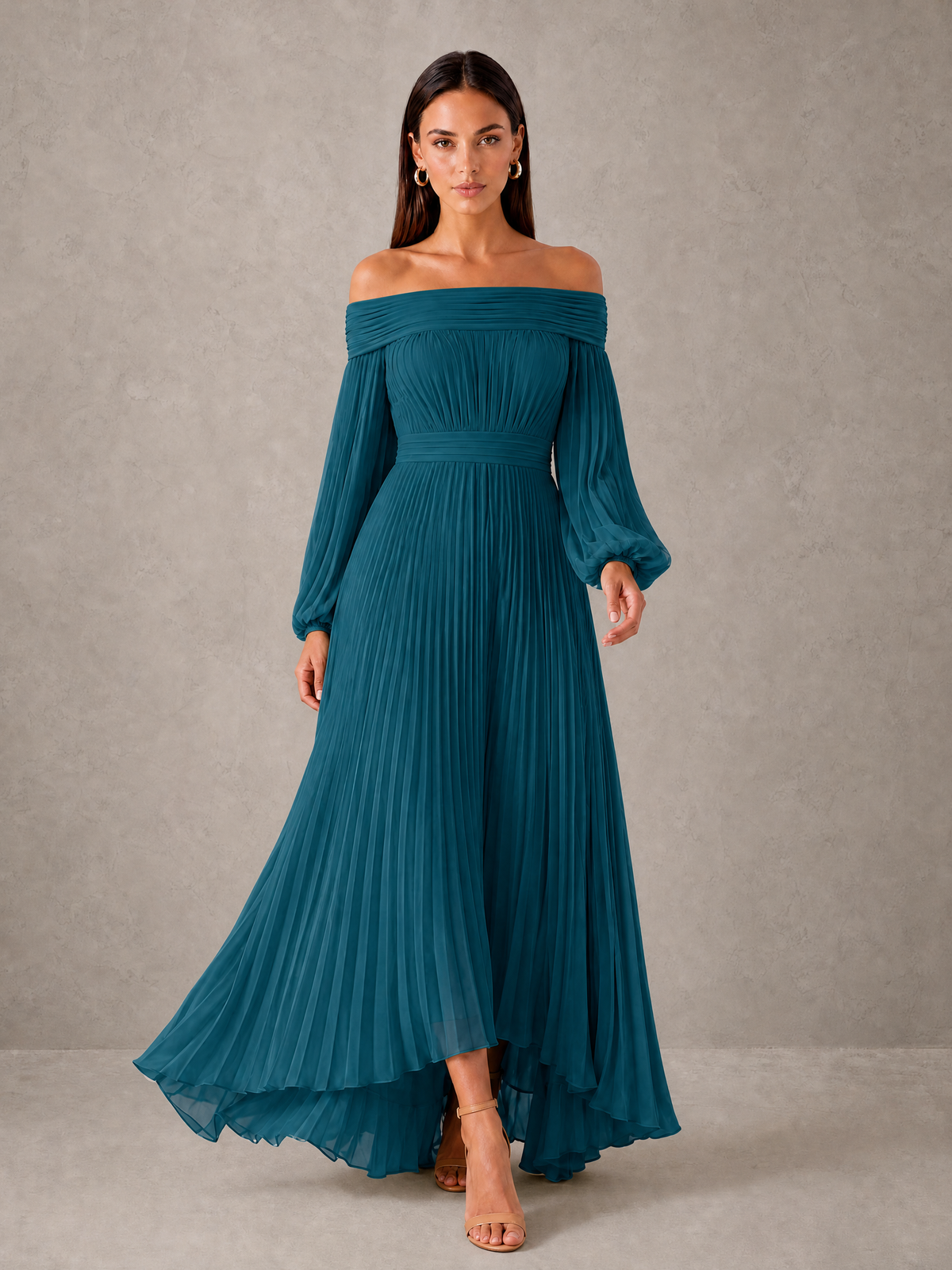 BOLODOO Peacock Off-Shoulder Long Sleeve Pleated High-Low Dress - Peacock - Peacock_3