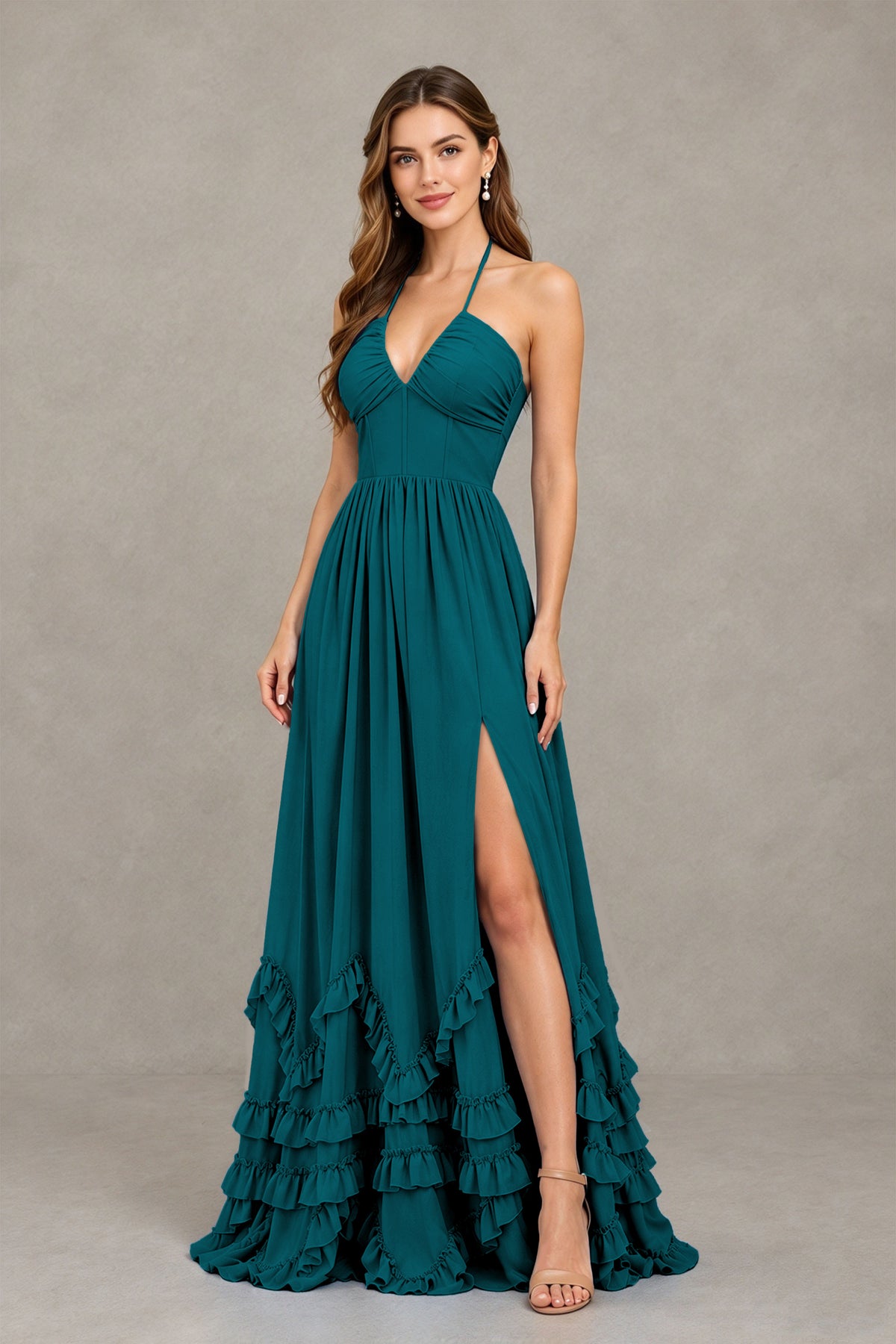 BOLODOO Peacock Halter Ruffle Hem A-Line Bridesmaid Dress with High Slit - Peacock - Peacock(3)