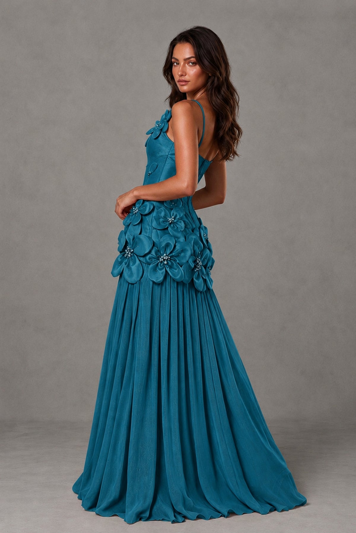 BOLODOO Peacock 3D Floral Appliqué Floor-Length A-Line Evening Gown - Peacock
