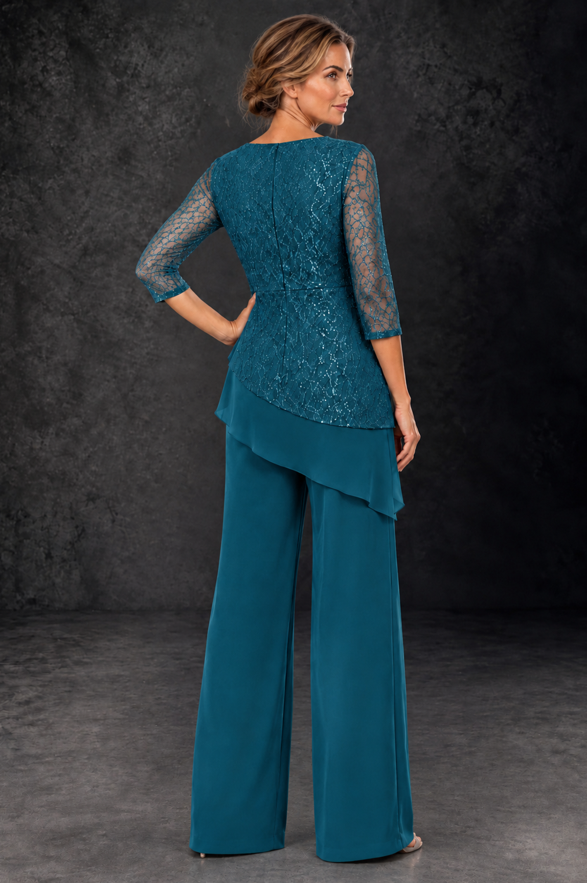 BOLODOO Peacock Sequin Lace 3/4 Sleeve Chiffon Mother of the Bride Pant Suit - Peacock - Peacock_3