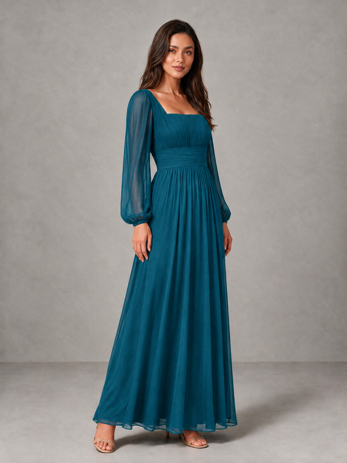 BOLODOO Peacock Square Neck Long Sleeve Chiffon Bridesmaid Dress - Peacock - Peacock_3