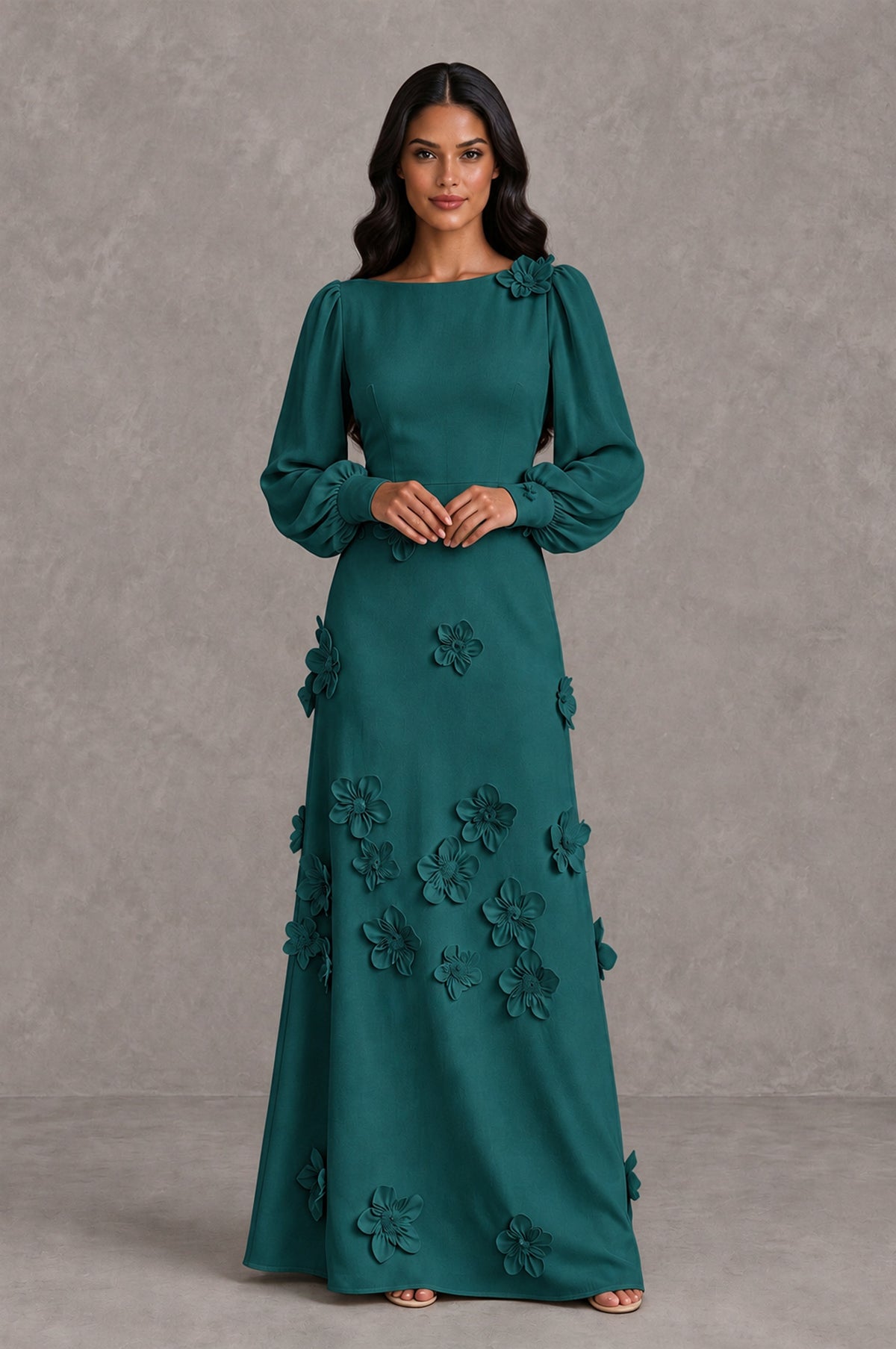 BOLODOO Peacock Long Sleeve Floral Applique A-Line Evening Dress - Peacock - Peacock_3