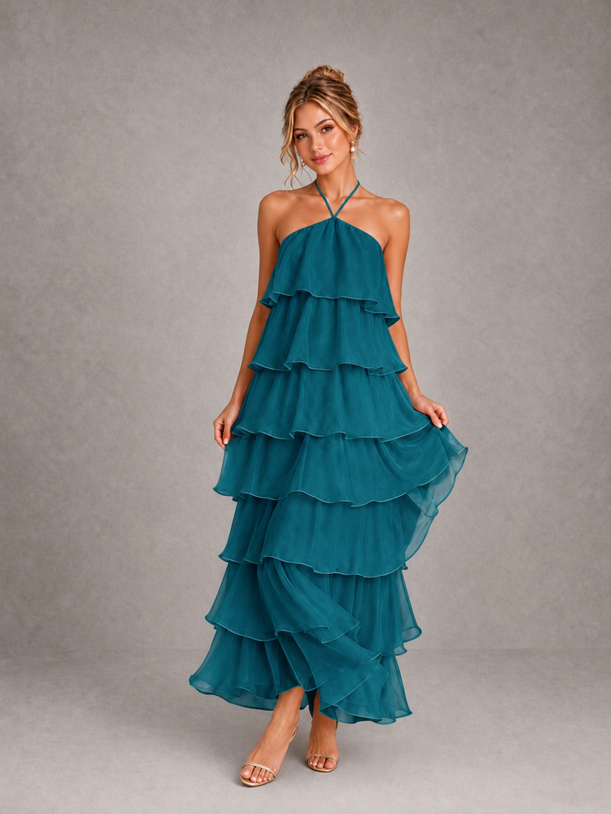 BOLODOO Peacock Halter Tiered Ruffle Maxi Bridesmaid Dress - Peacock - Peacock_3