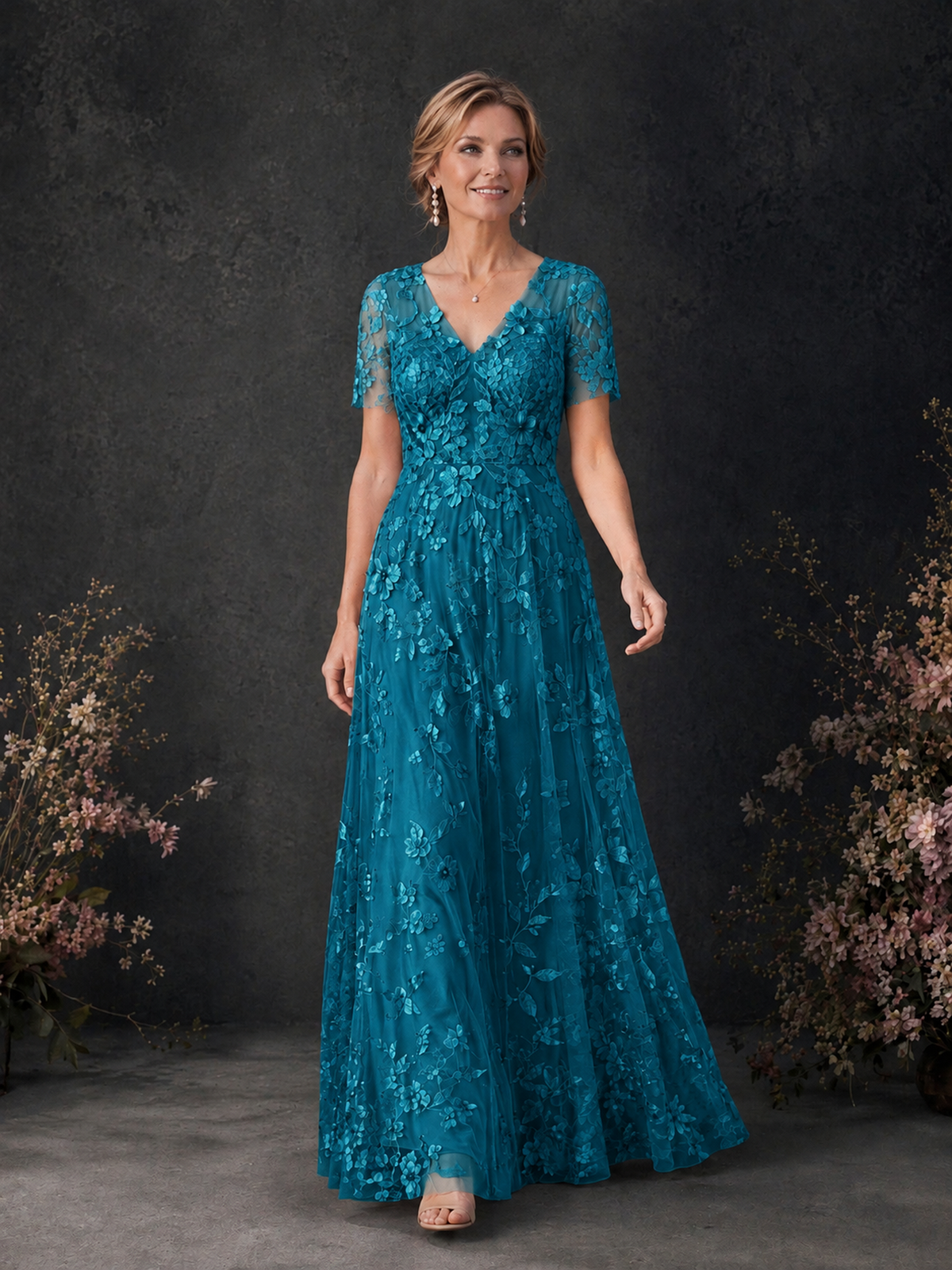 BOLODOO Peacock 3D Floral Embroidered Lace V-Neck Short Sleeve A-Line Maxi Dress - Peacock