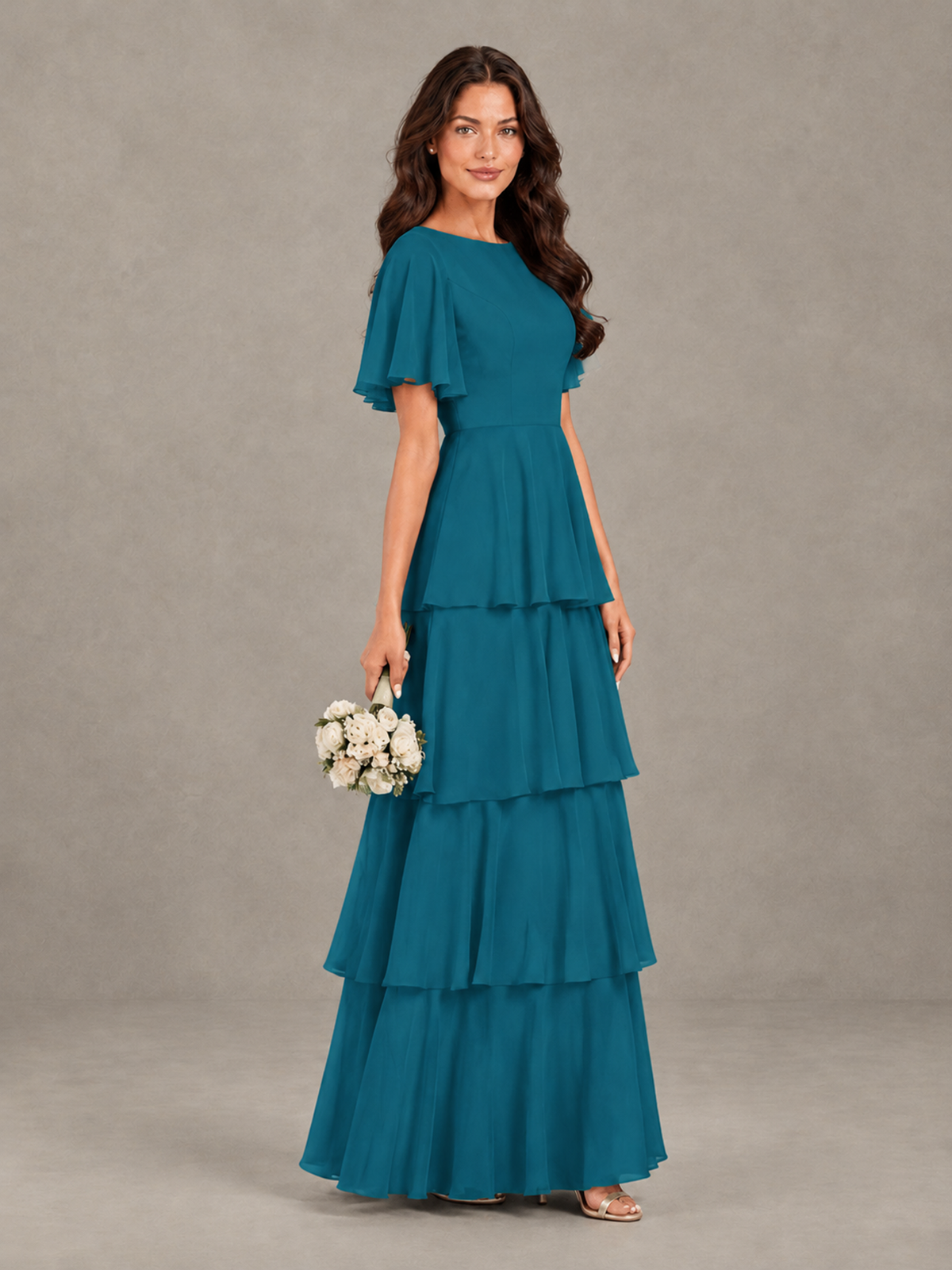 BOLODOO Peacock Tiered Flutter Sleeve Bridesmaid Dress - Peacock - Peacock_3
