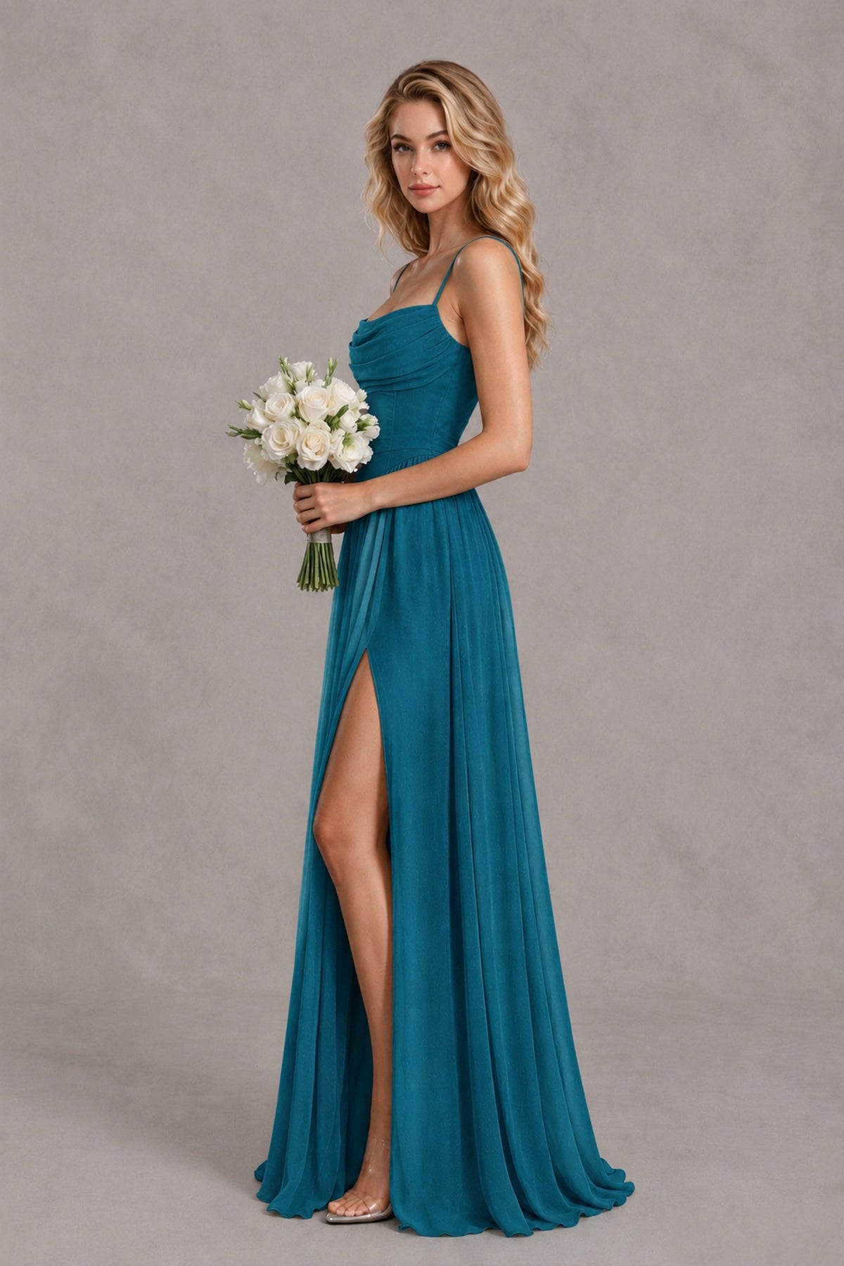 BOLODOO Peacock Spaghetti Strap A-Line Bridesmaid Dress with Slit - Peacock - Peacock_3