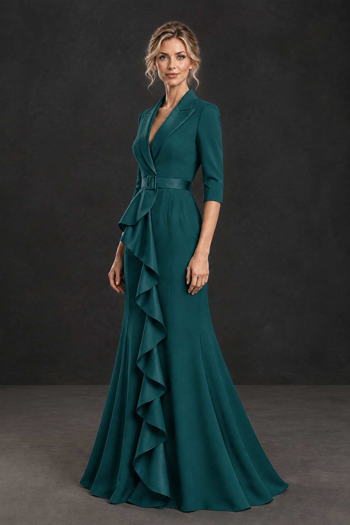 BOLODOO Peacock Lapel Ruffle Mother of the Bride Dress with Belt - Peacock - Peacock_3