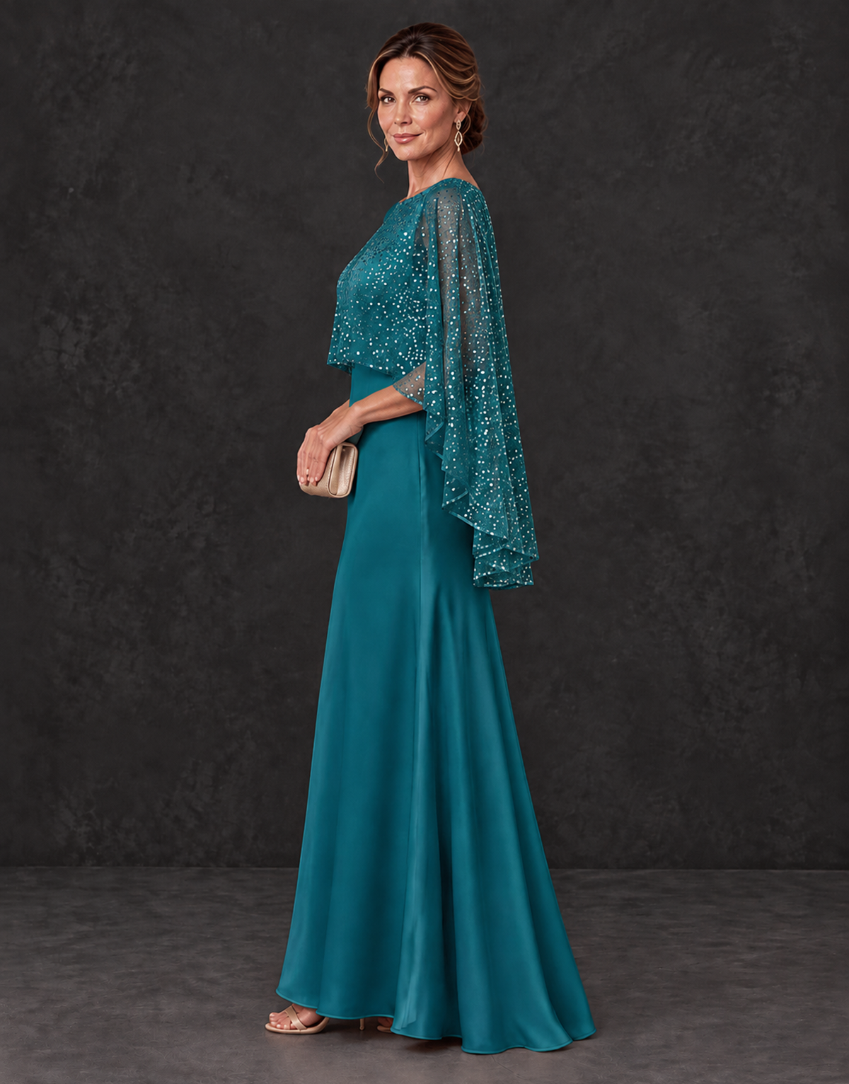 BOLODOO Peacock Sparkle Cape Sleeve Mother of the Bride Dress - Peacock - Peacock_3