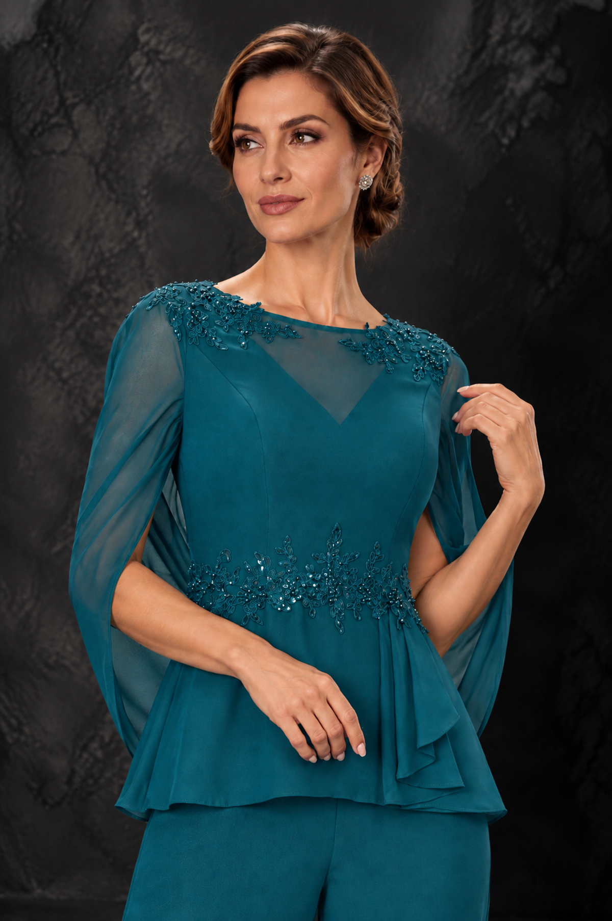 BOLODOO Peacock Embellished Cape Sleeve Mother of the Bride Pantsuit - Peacock - Peacock_3
