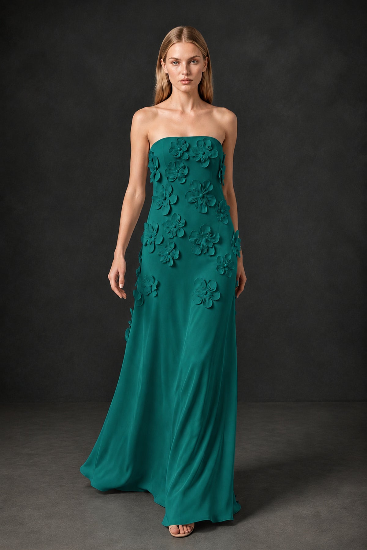 BOLODOO Peacock Strapless 3D Floral Appliqué Crepe Maxi Gown - Peacock