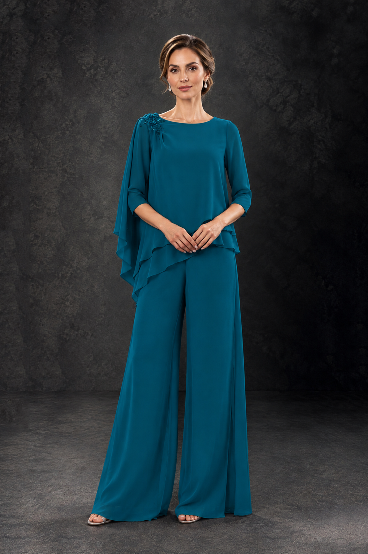 BOLODOO Peacock Layered Wide-Leg Mother of the Bride Pant Suit - Peacock - Peacock_3