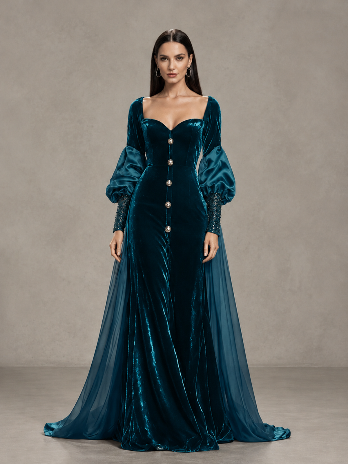 BOLODOO Peacock Velvet Long Sleeve Open-Back Evening Gown - Peacock - Peacock_3
