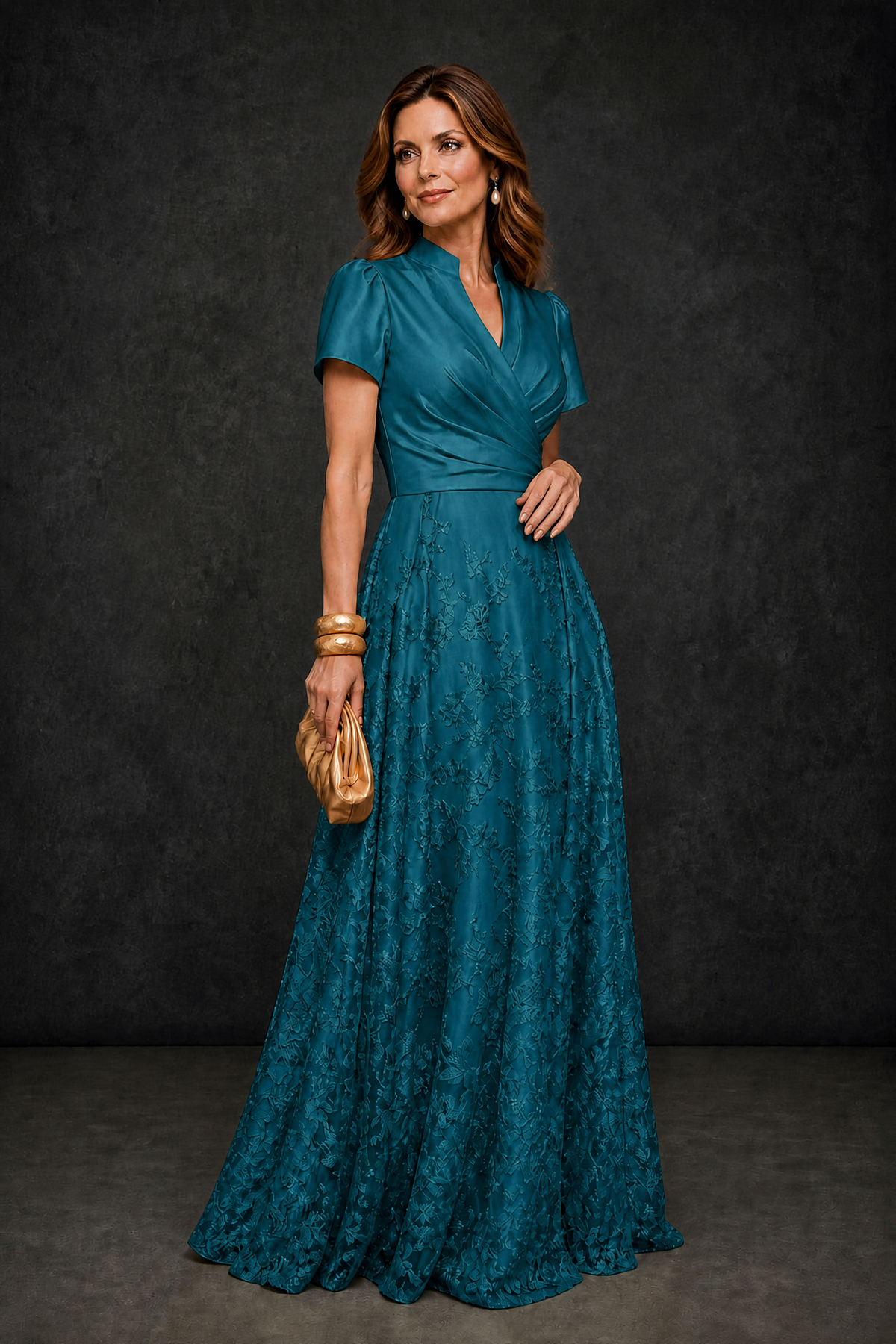 BOLODOO Peacock Satin Wrap V-Neck Short Sleeve Lace Glitter A-Line Floor Length Evening Gown – Formal Dress - Peacock