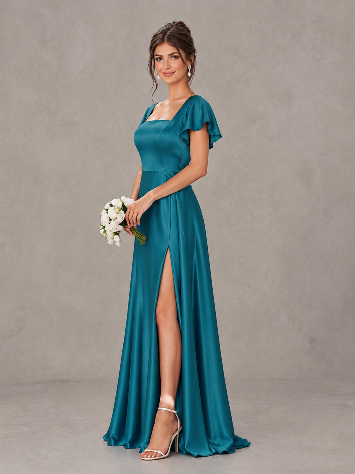 BOLODOO Peacock Satin Square Neck Flutter Sleeve A-Line Bridesmaid Dress with Slit - Peacock - Peacock_3