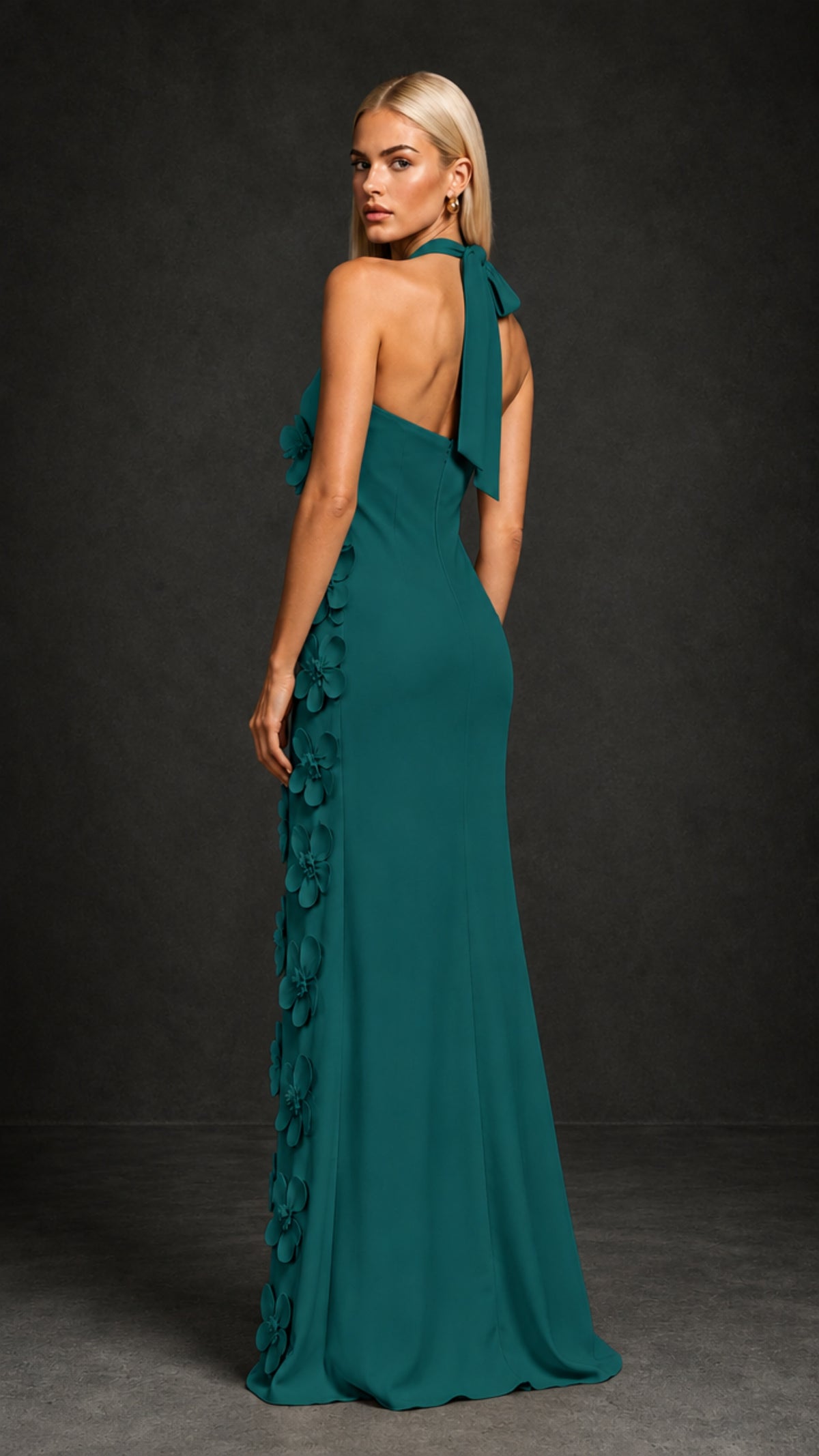 BOLODOO Peacock Cross Halter Neck 3D Floral Appliqué Backless Mermaid Maxi Gown - Peacock