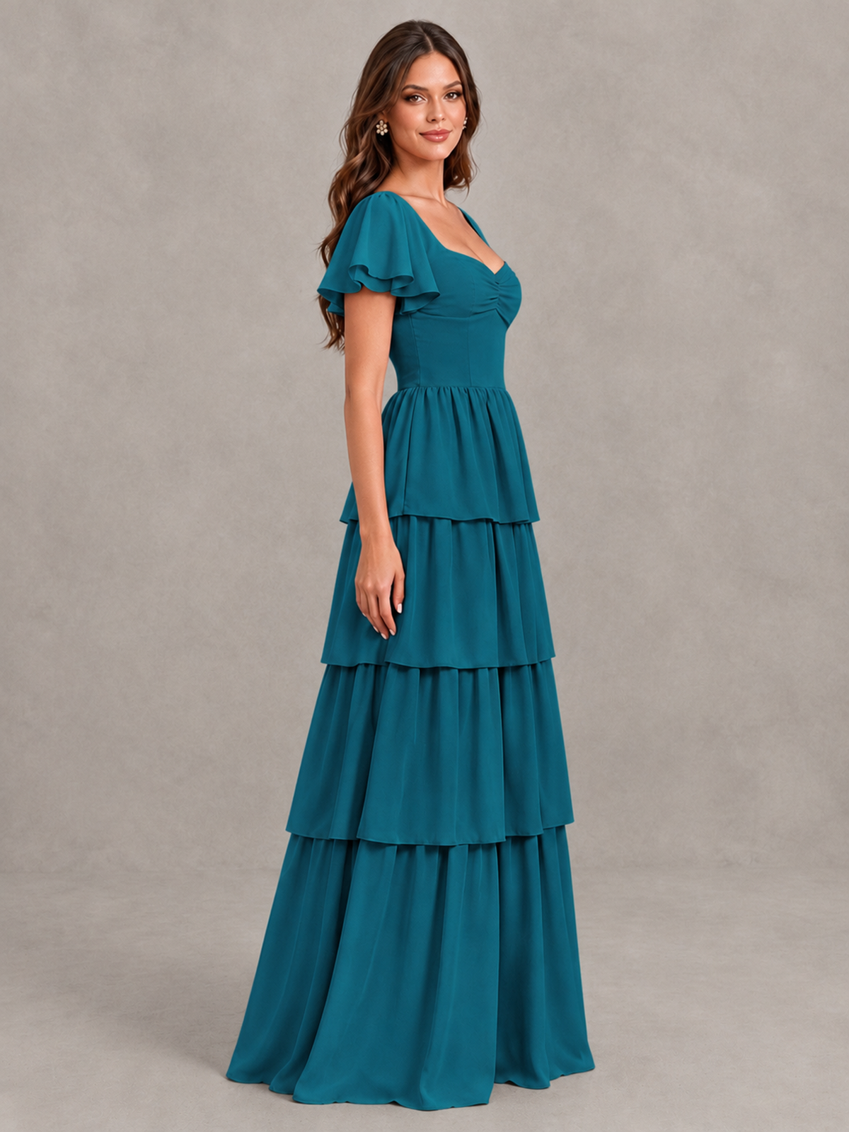 BOLODOO Peacock Flutter Sleeve Tiered Maxi Bridesmaid Dress - Peacock - Peacock_3