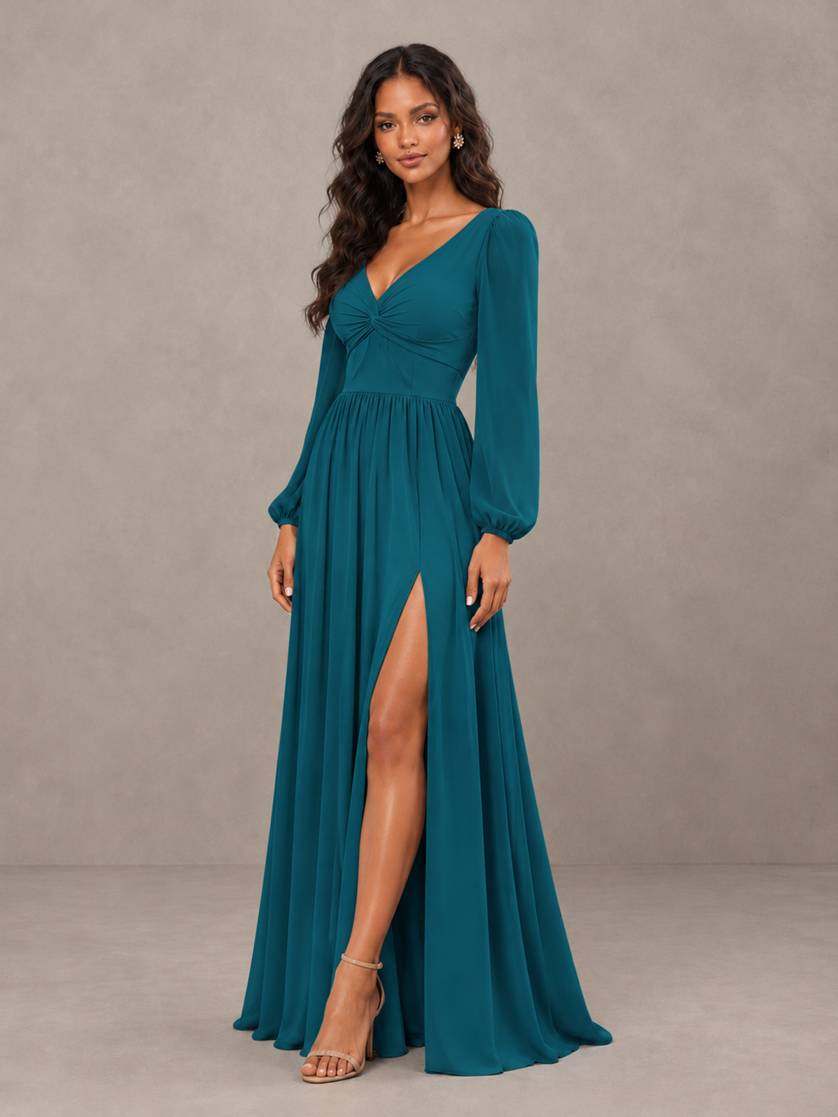 BOLODOO Peacock V-Neck Long Sleeve Bridesmaid Dress with Tie Back and Slit - Peacock - Peacock_3