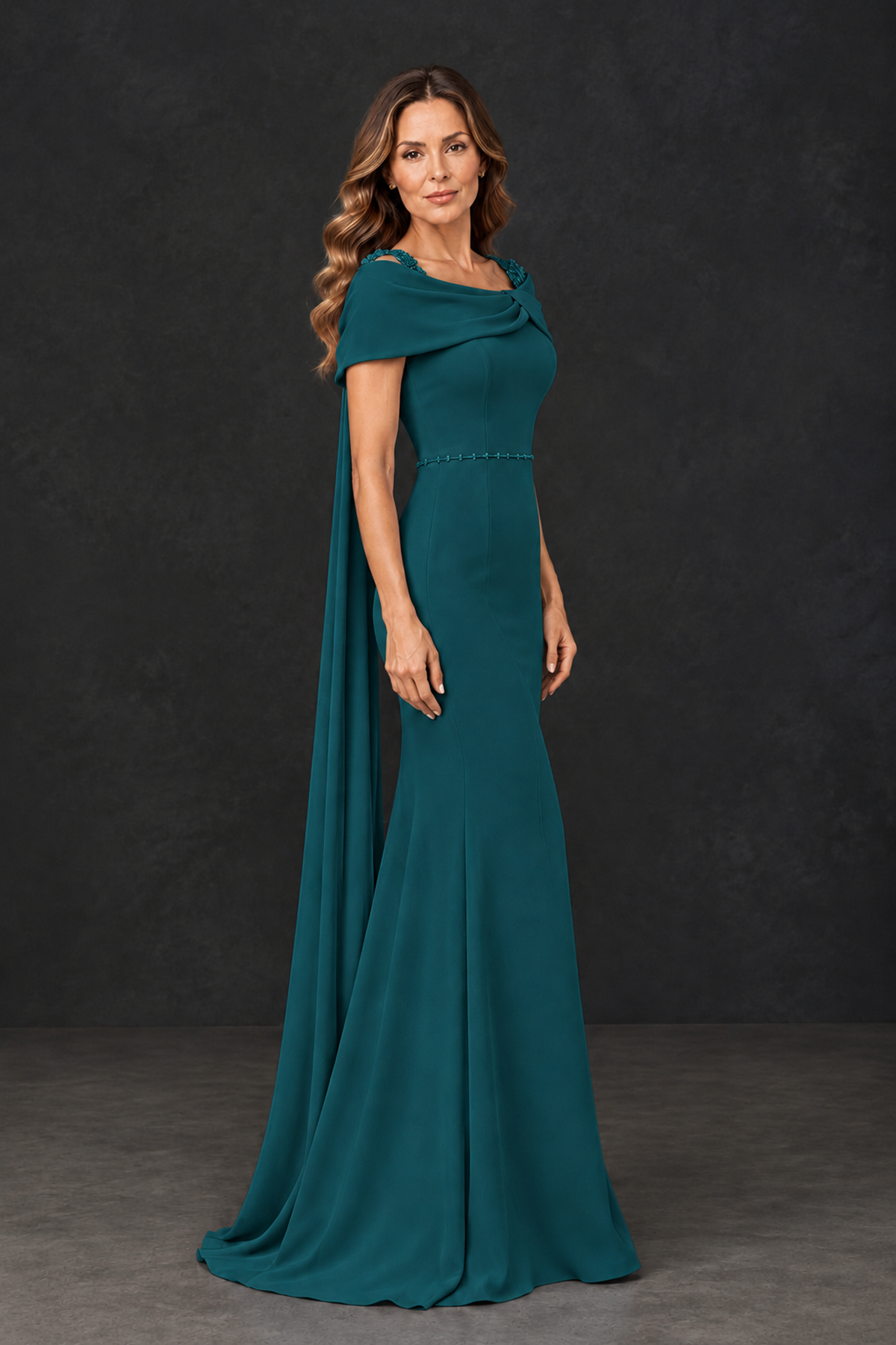 BOLODOO Peacock Mother of the Bride Dress with Draped Cape Detail - Peacock - Peacock_3