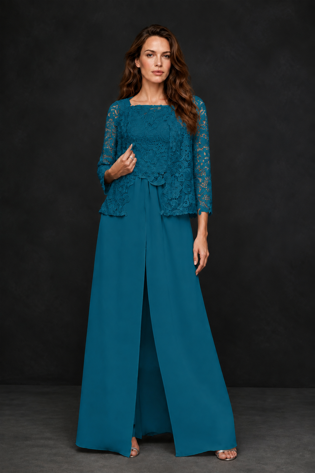 BOLODOO Peacock Grey Lace Peplum Top & Wide-Leg Chiffon Pants Set | Mother of the Bride & Formal Evening Outfit - Peacock