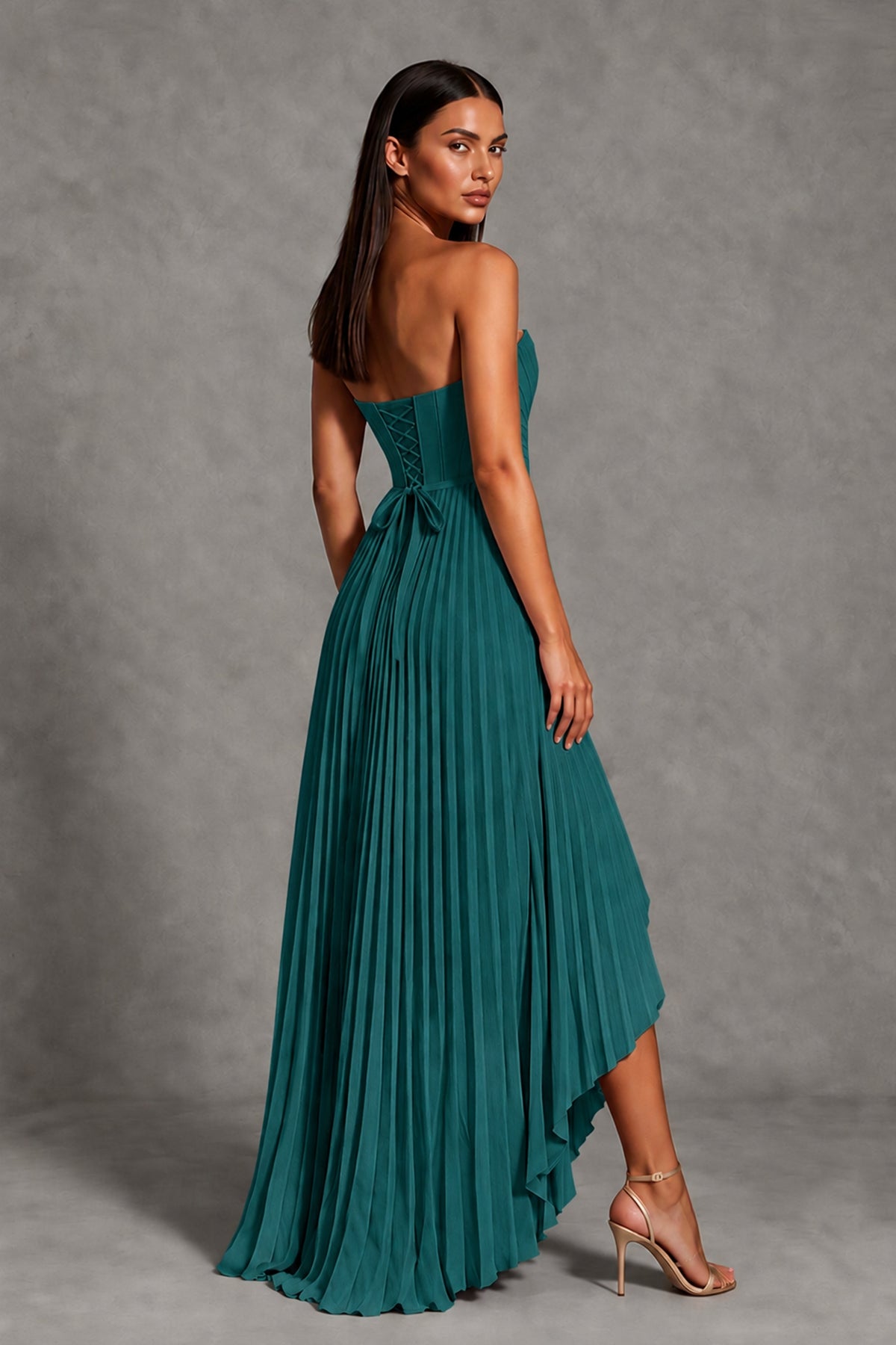 Peacock Strapless Pleated High-Low Evening Gown with Ruffle Hem - Peacock