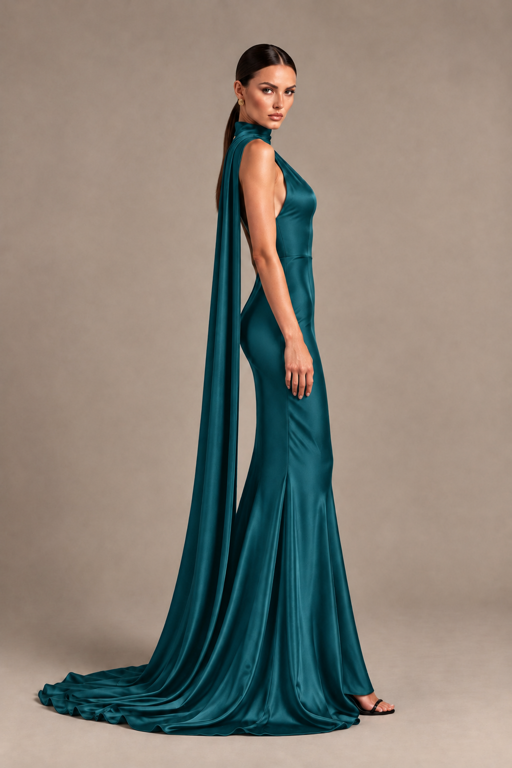 BOLODOO Peacock One-Shoulder Satin Mermaid Evening Dress with Scarf - Peacock - Peacock_3