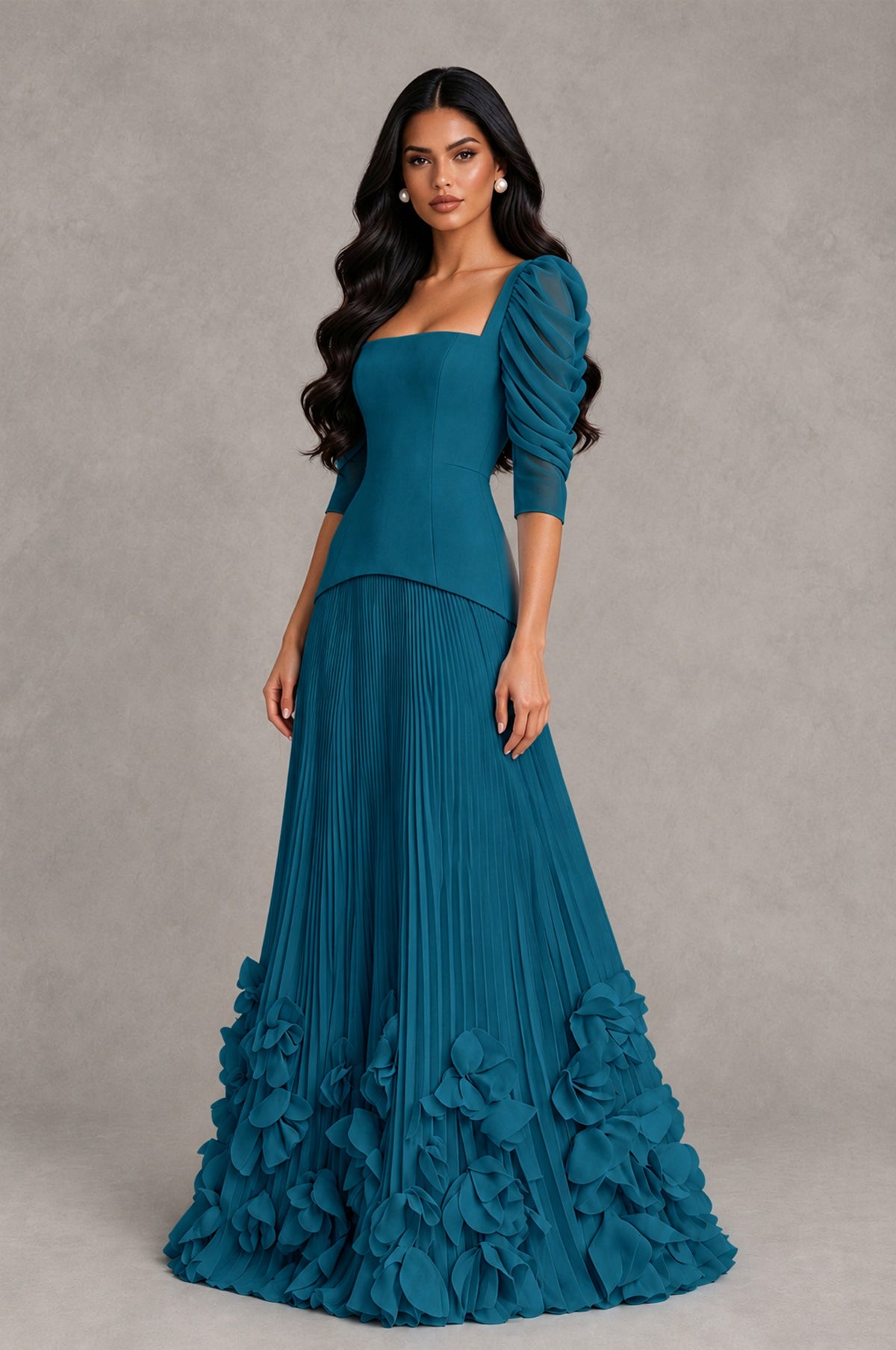 BOLODOO Peacock Square Neck Pleated Floral Applique Evening Dress - Peacock - Peacock_3