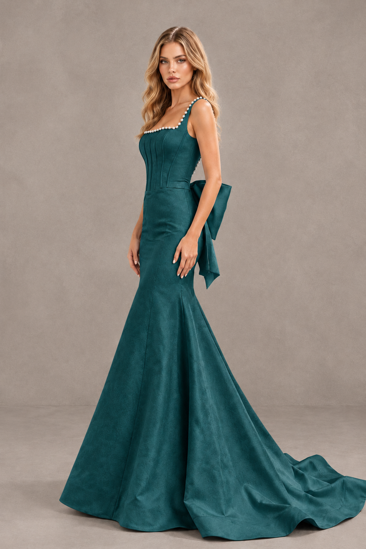 BOLODOO Peacock Pearl-Trim Mermaid Prom Dress with Back Bow - Peacock - Peacock_3